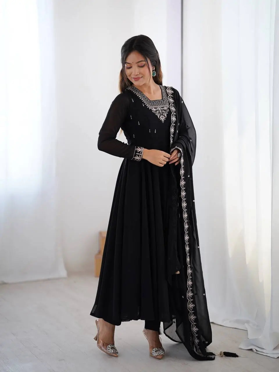 Fox Georgette Embroidered Black Anarkali Set with Bead and Zari Work