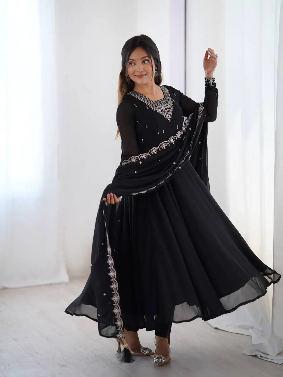 Fox Georgette Embroidered Black Anarkali Set with Bead and Zari Work