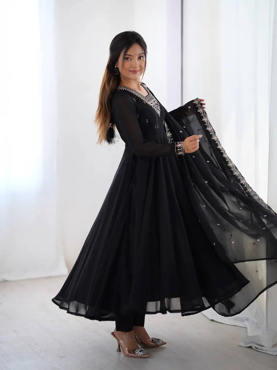 Fox Georgette Embroidered Black Anarkali Set with Bead and Zari Work