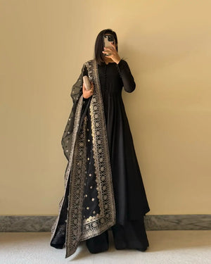 Fox Georgette Embroidered Kurta Set with Dupatta & Palazzo – Potli Button Detailing