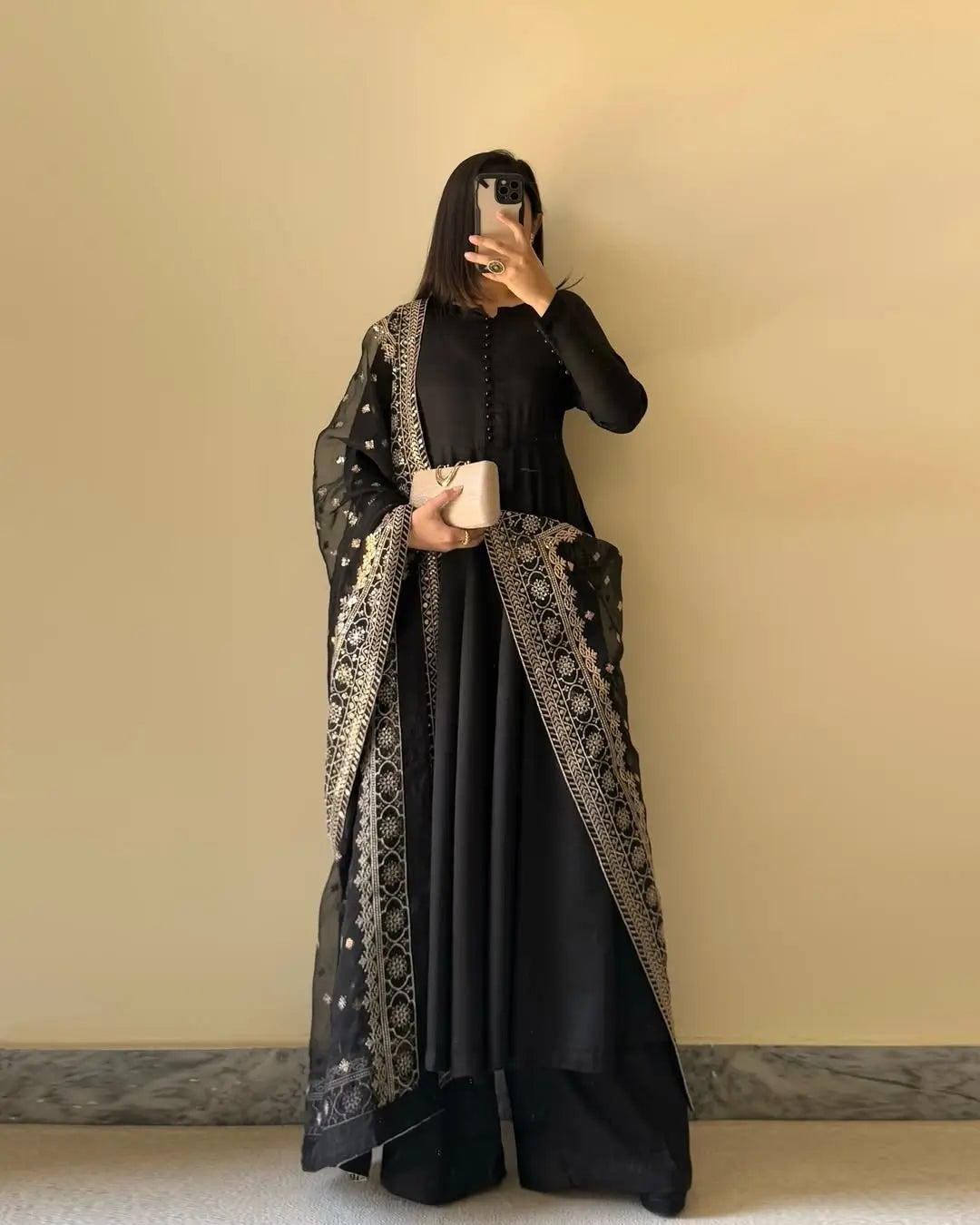 Fox Georgette Embroidered Kurta Set with Dupatta & Palazzo – Potli Button Detailing