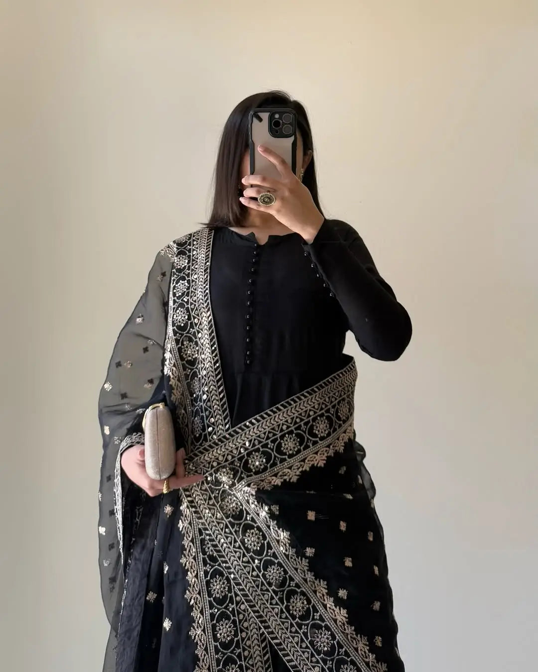 Fox Georgette Embroidered Kurta Set with Dupatta & Palazzo – Potli Button Detailing