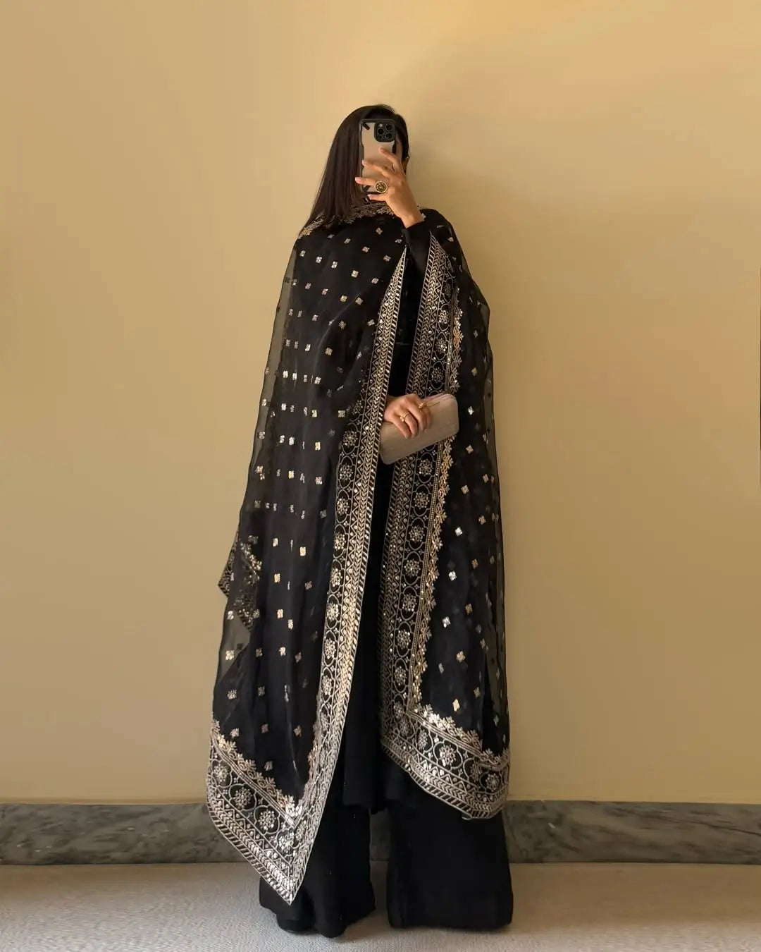 Fox Georgette Embroidered Kurta Set with Dupatta & Palazzo – Potli Button Detailing