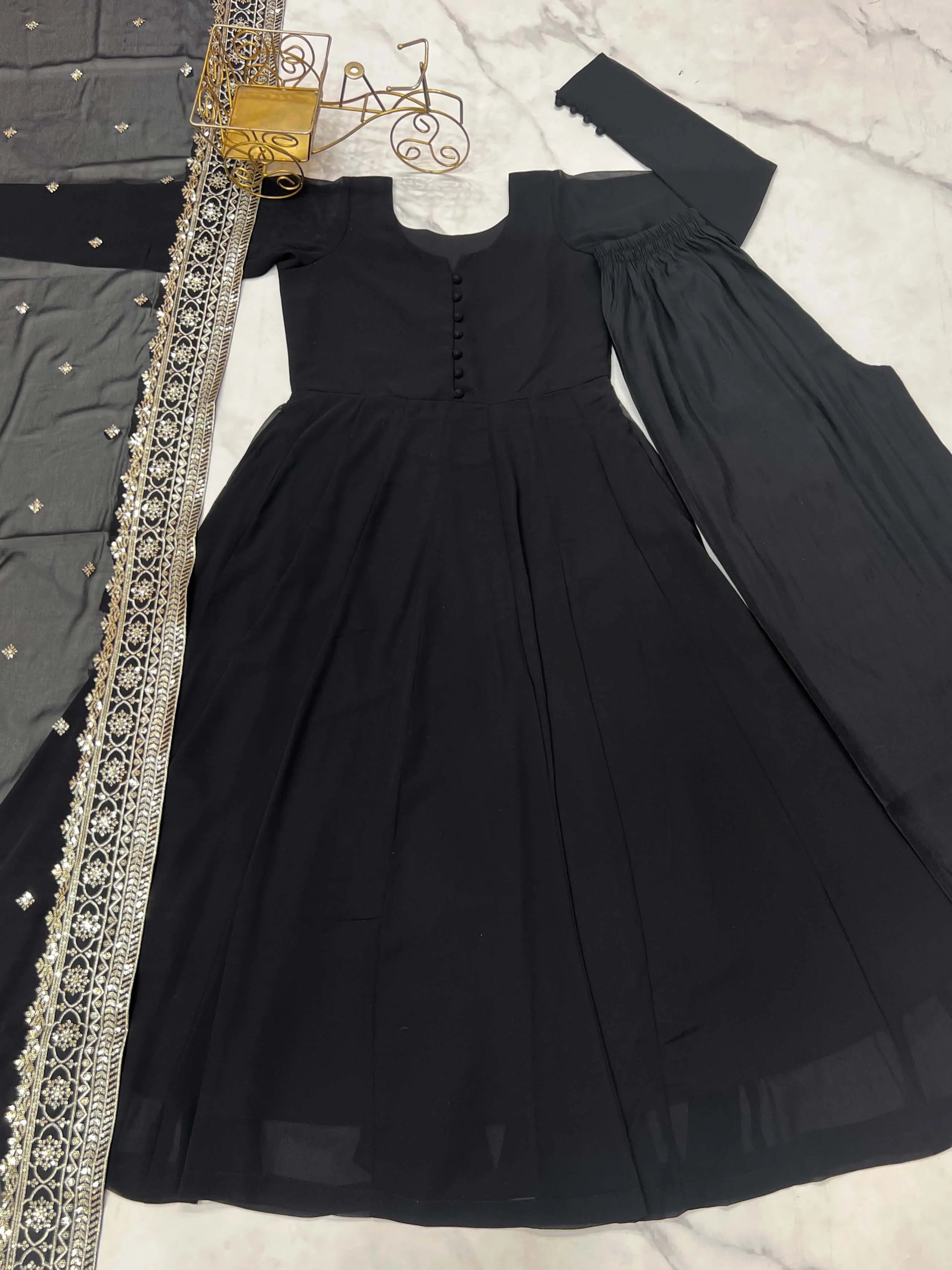 Fox Georgette Embroidered Kurta Set with Dupatta & Palazzo – Potli Button Detailing