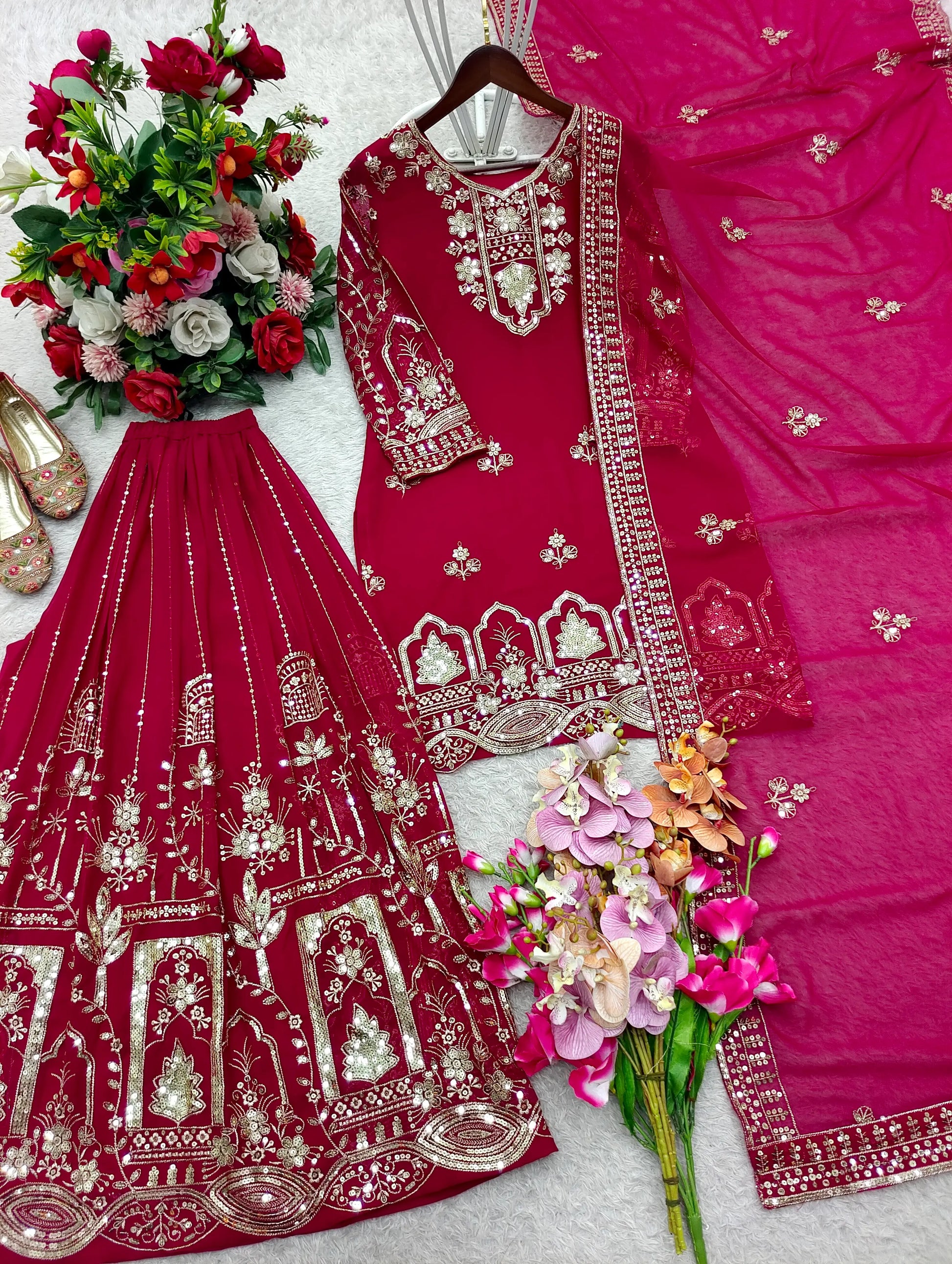 Fox Georgette Embroidered Kurta Sharara Set