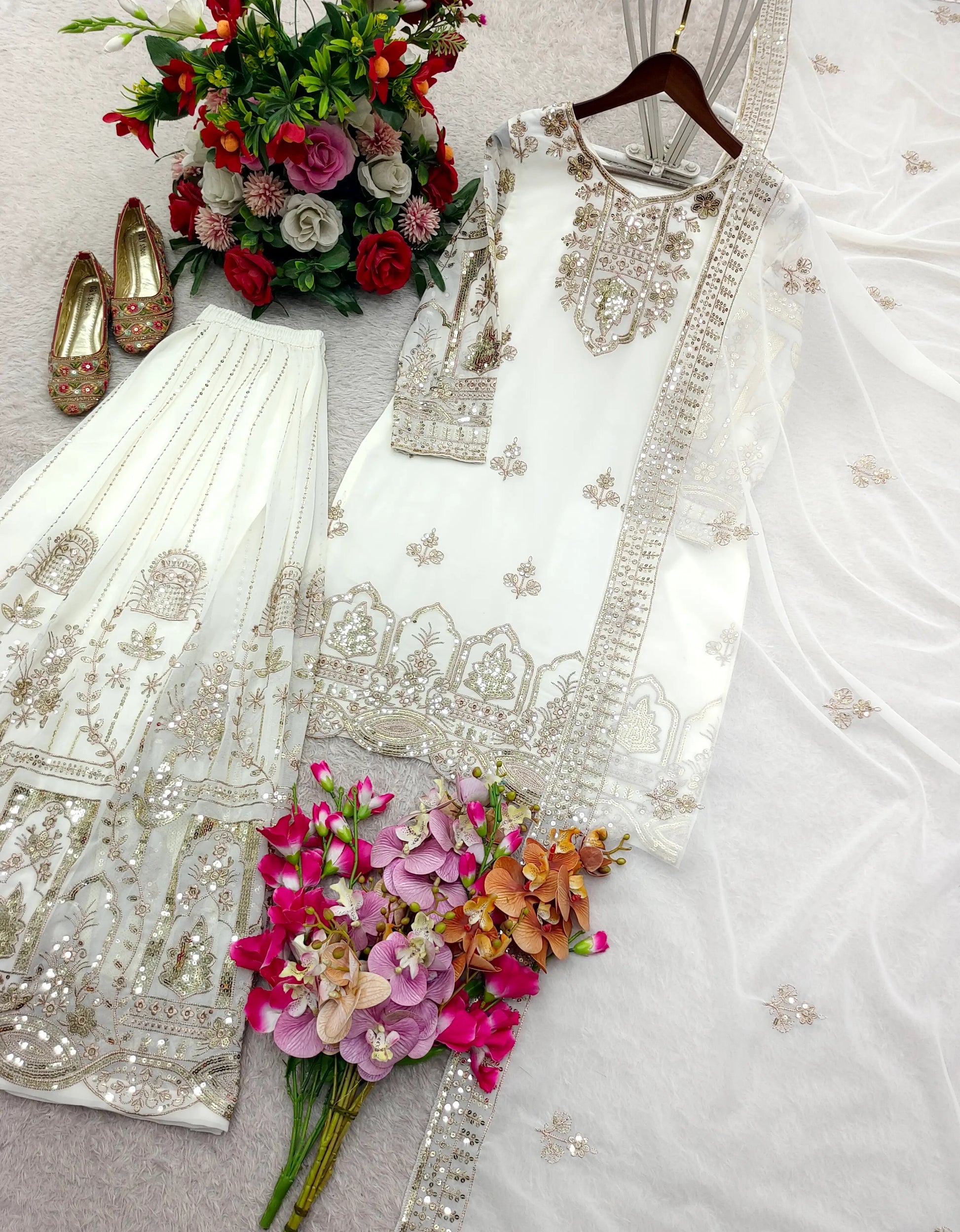 Fox Georgette Embroidered Kurta Sharara Set