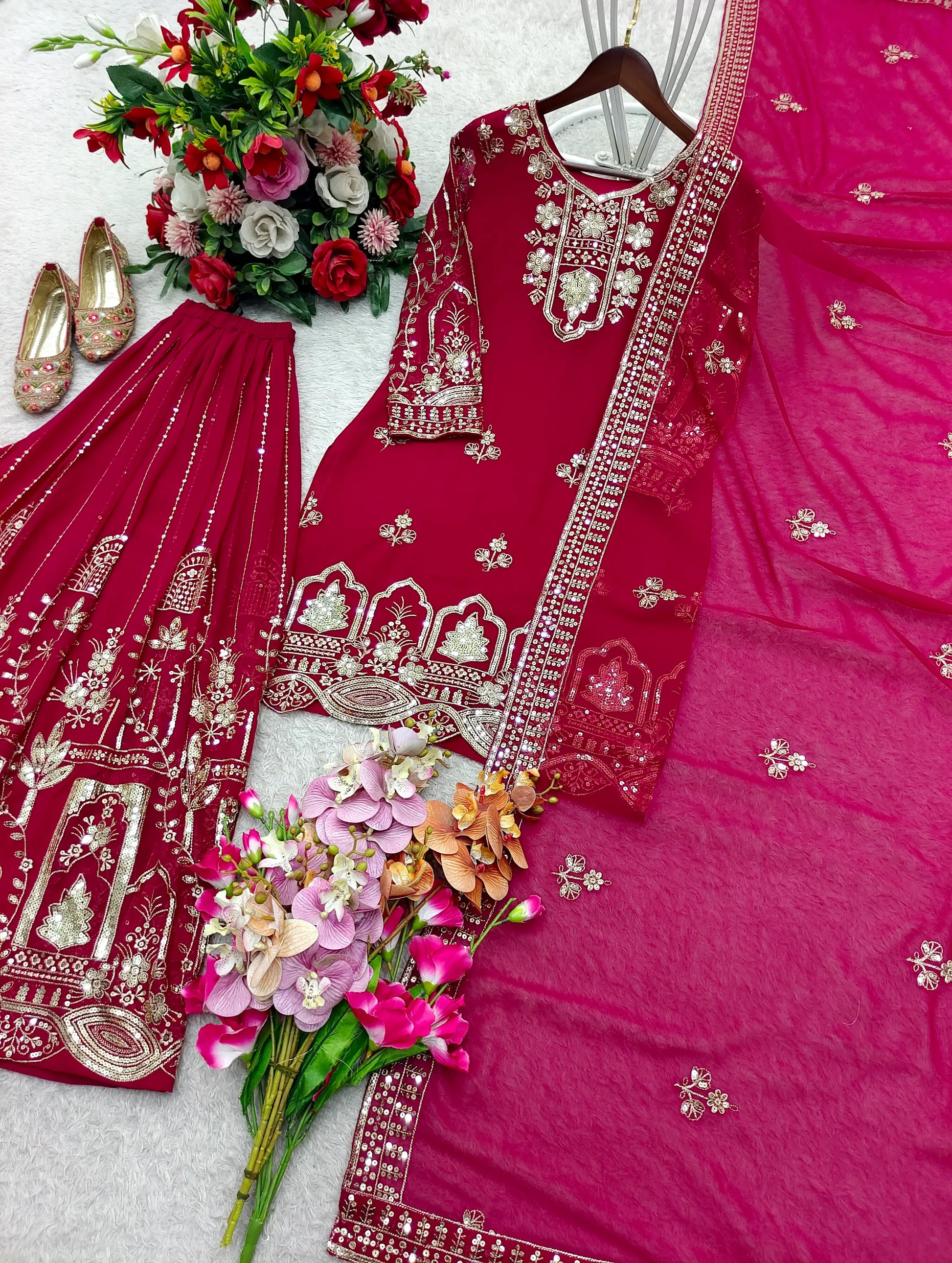 Fox Georgette Embroidered Kurta Sharara Set