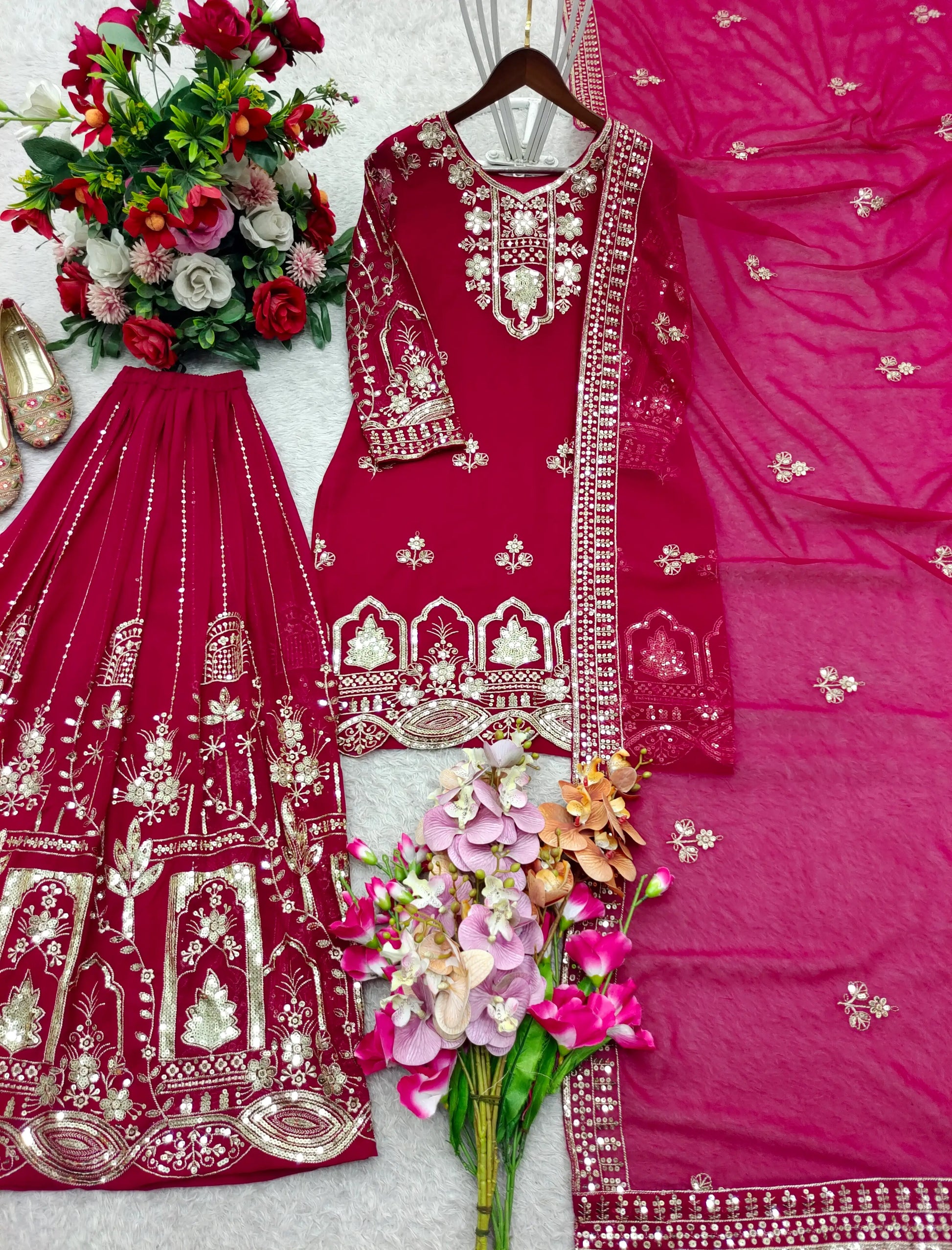 Fox Georgette Embroidered Kurta Sharara Set