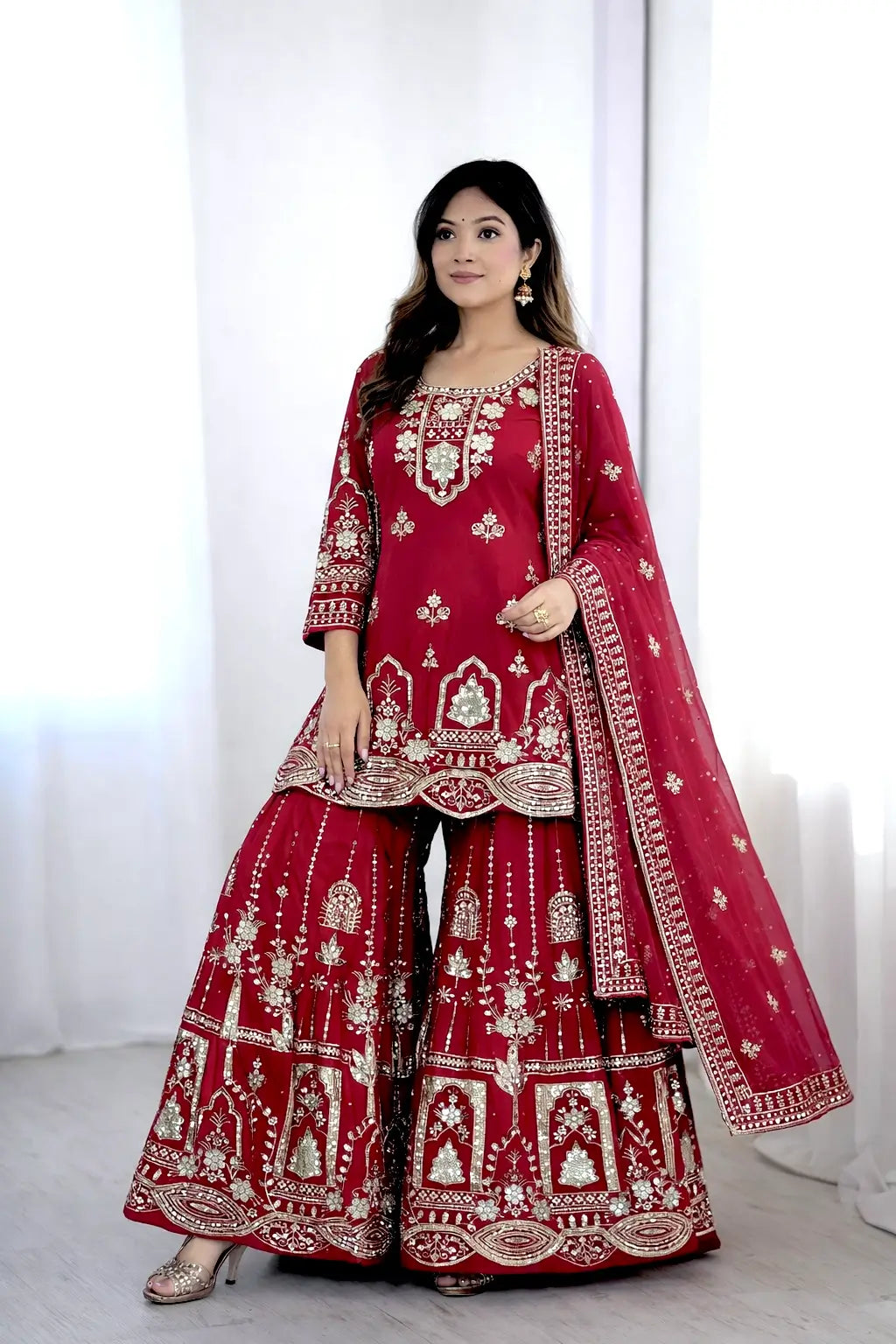 Fox Georgette Embroidered Kurta Sharara Set