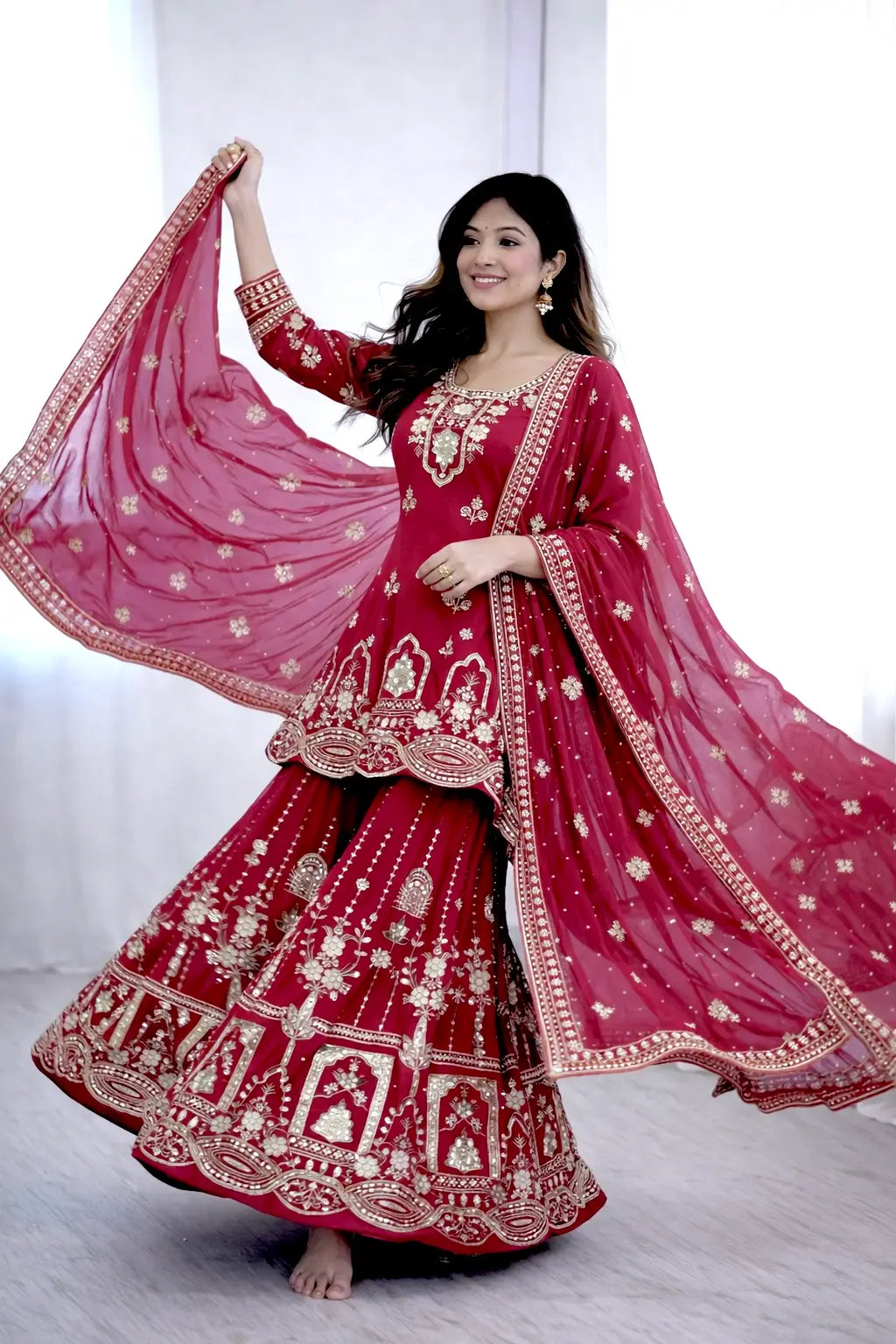 Fox Georgette Embroidered Kurta Sharara Set