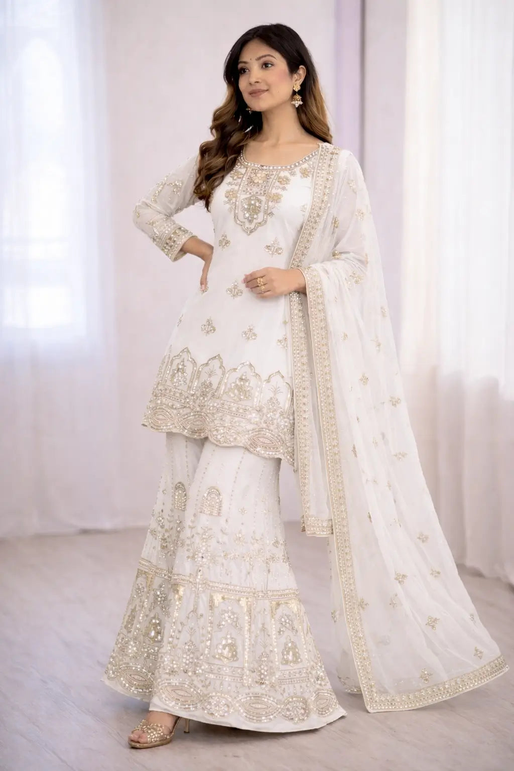 Fox Georgette Embroidered Kurta Sharara Set