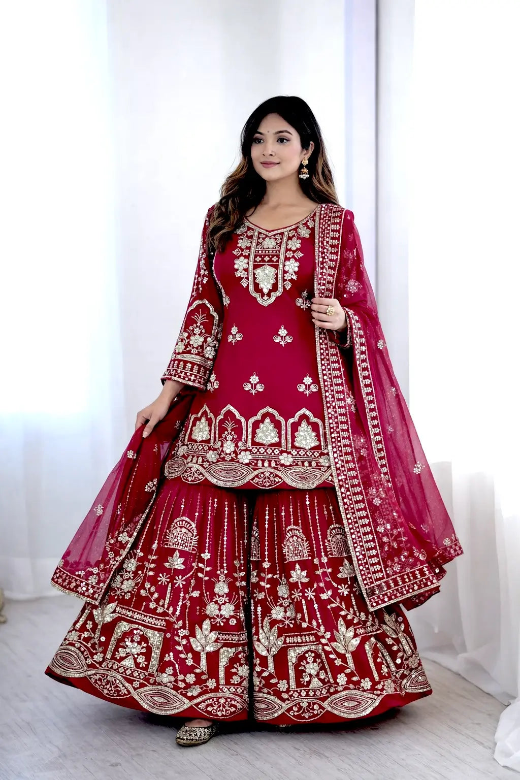 Fox Georgette Embroidered Kurta Sharara Set
