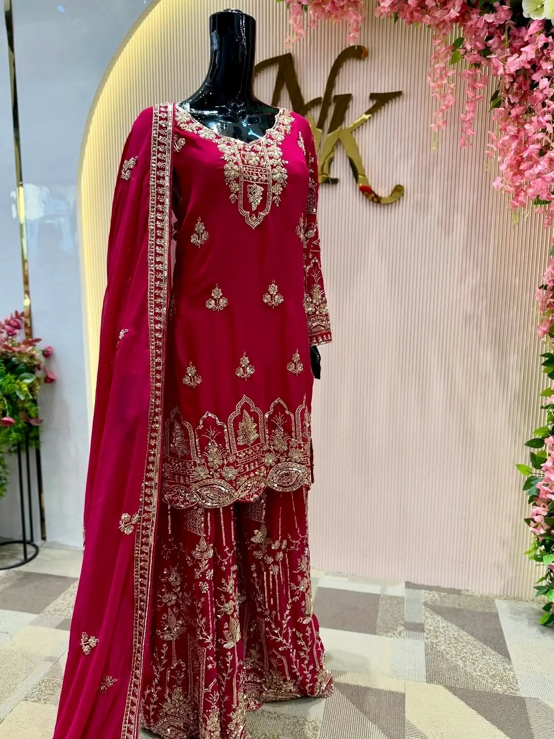 Fox Georgette Embroidered Kurta Sharara Set