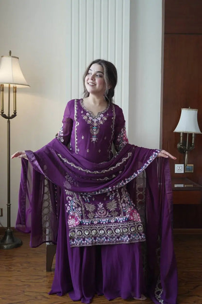 Fox Georgette Embroidered Kurti Circular Palazzo Set for Wedding and Festive Wear