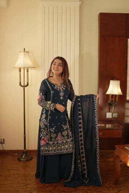 Fox Georgette Embroidered Kurti Circular Palazzo Set for Wedding and Festive Wear