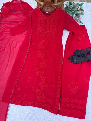Fox Georgette Embroidered Kurti Pant Set with Dupatta