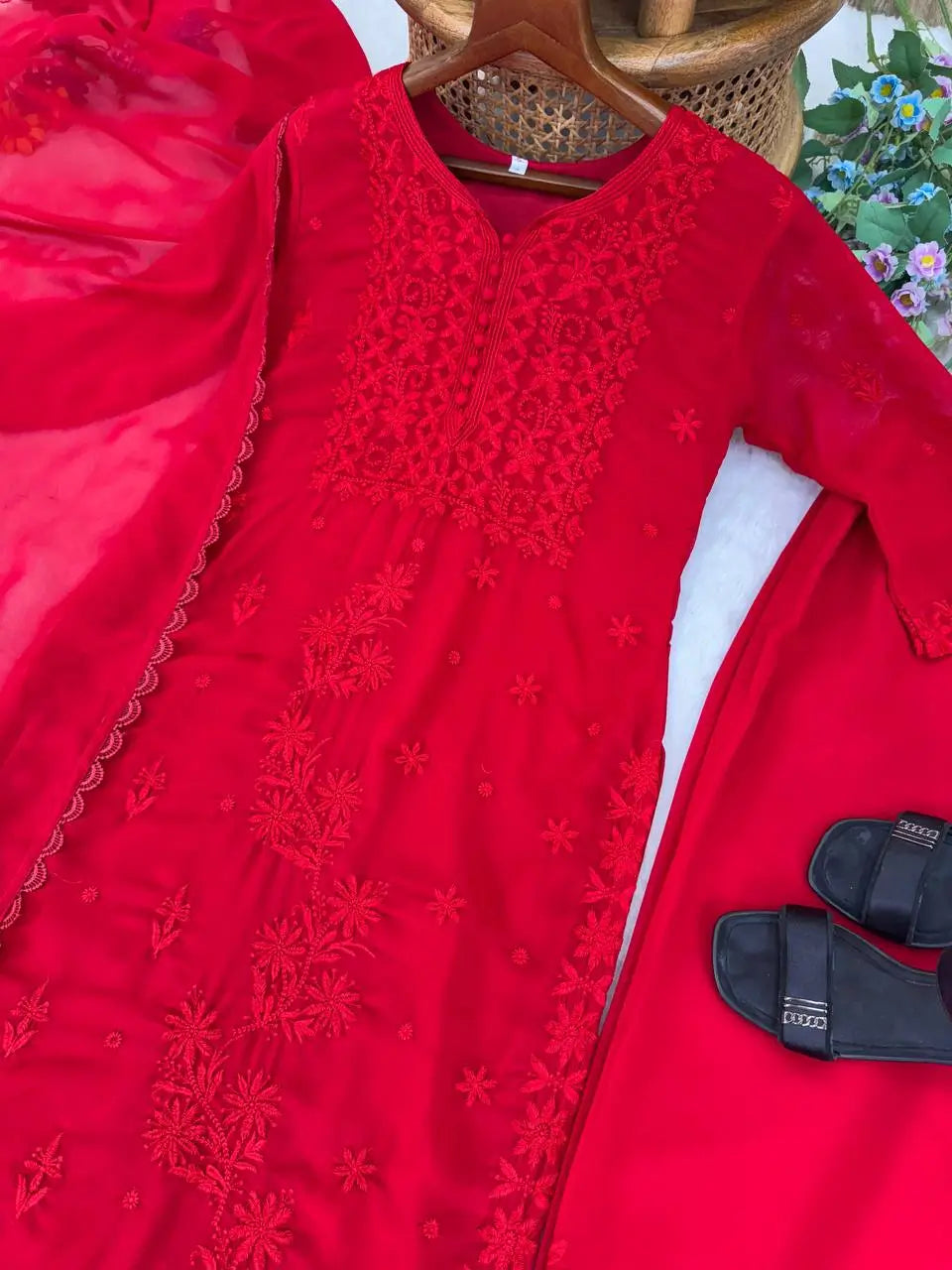Fox Georgette Embroidered Kurti Pant Set with Dupatta