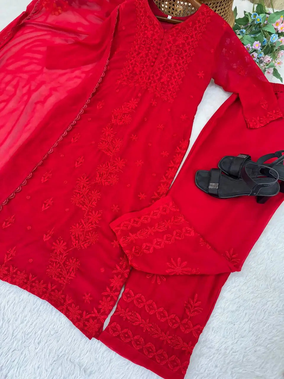 Fox Georgette Embroidered Kurti Pant Set with Dupatta