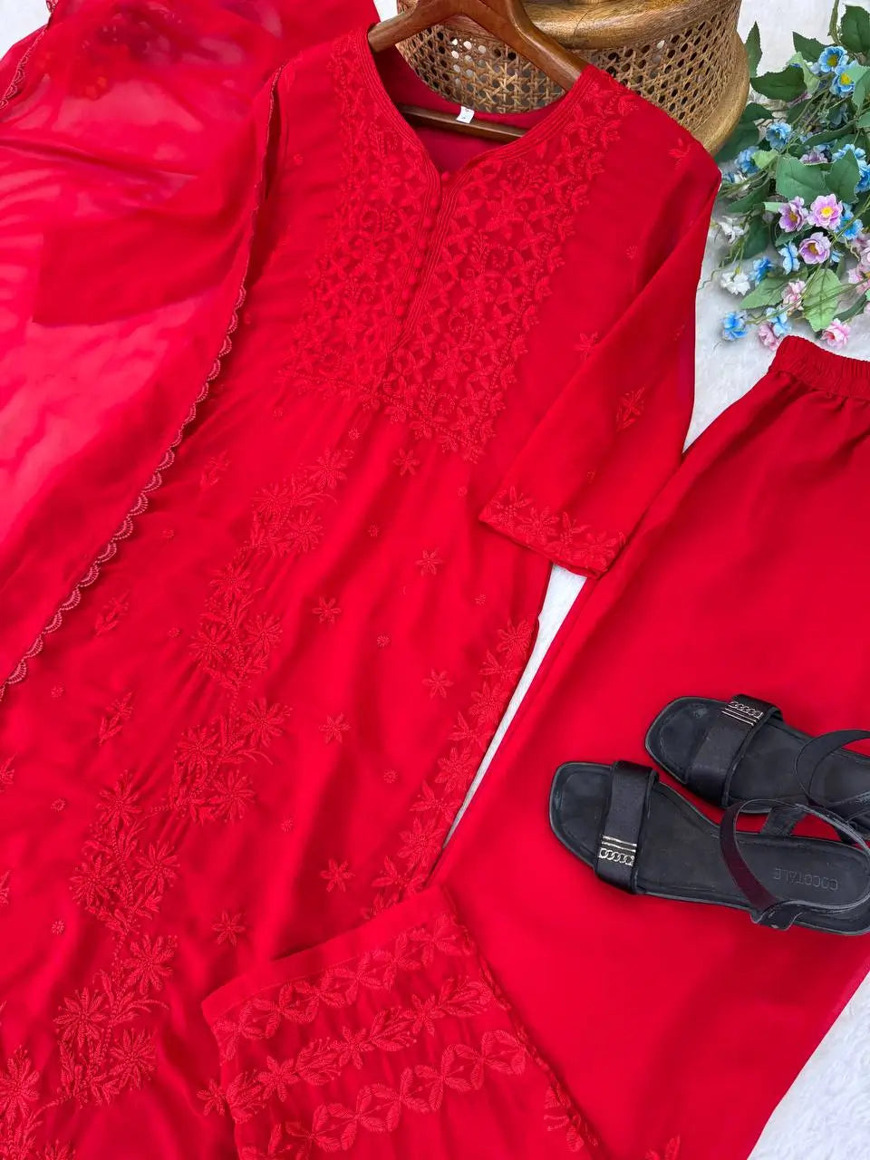 Fox Georgette Embroidered Kurti Pant Set with Dupatta