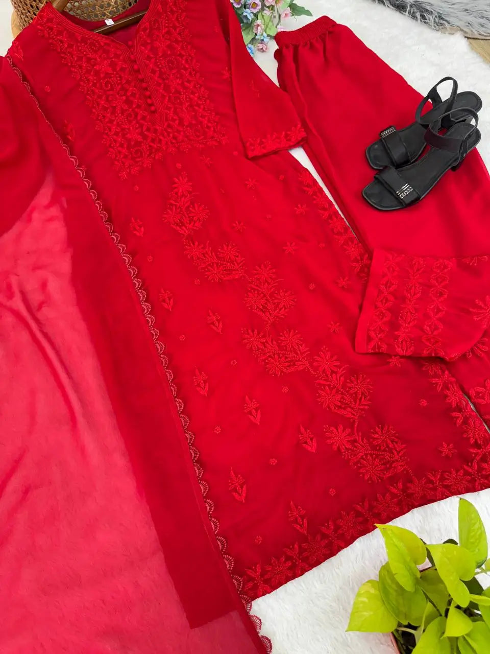 Fox Georgette Embroidered Kurti Pant Set with Dupatta