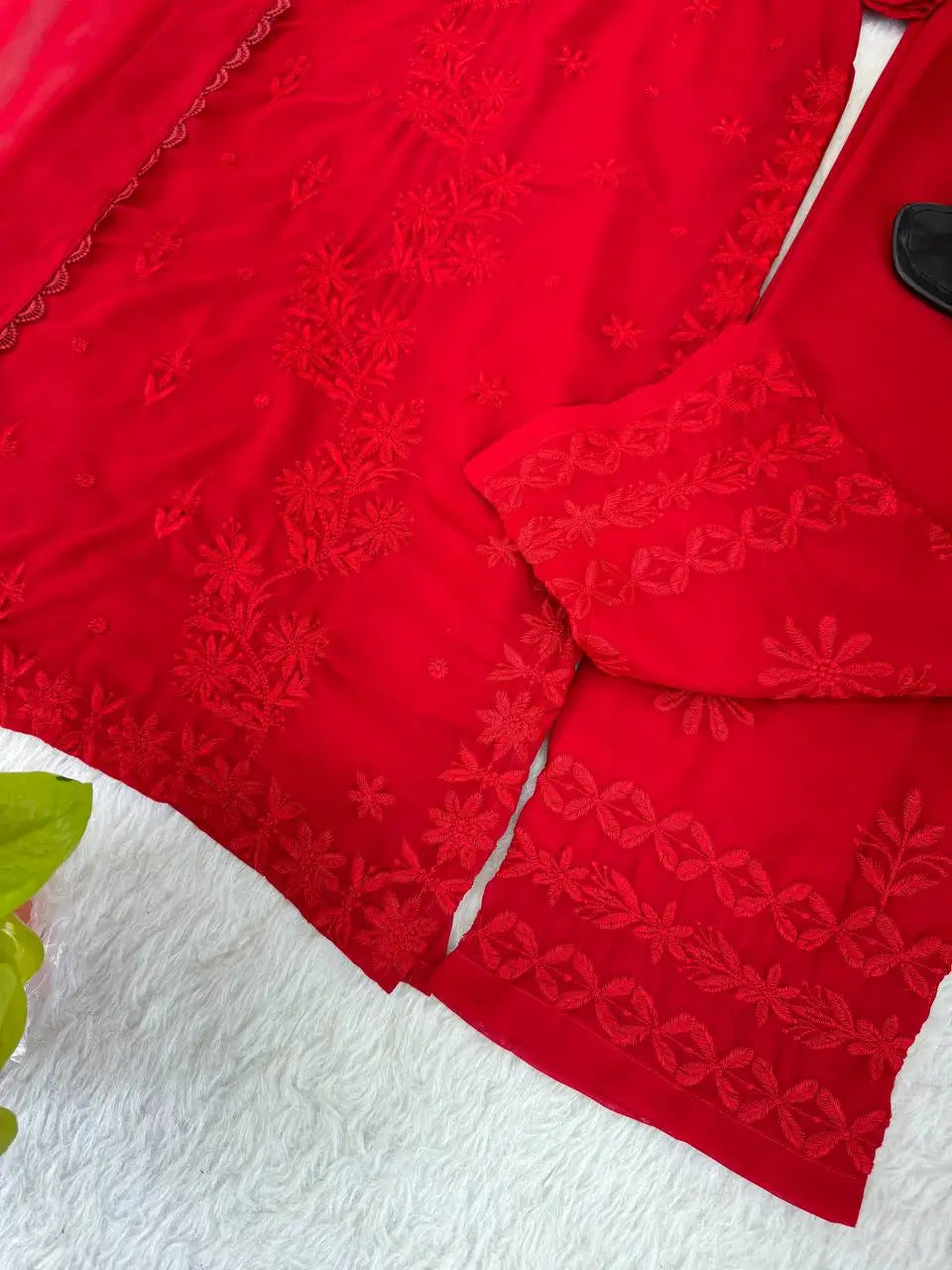 Fox Georgette Embroidered Kurti Pant Set with Dupatta