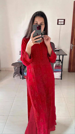 Fox Georgette Embroidered Kurti Pant Set with Dupatta