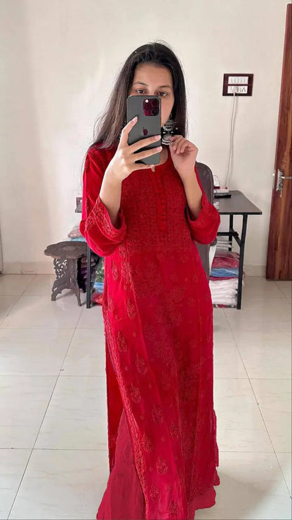 Fox Georgette Embroidered Kurti Pant Set with Dupatta
