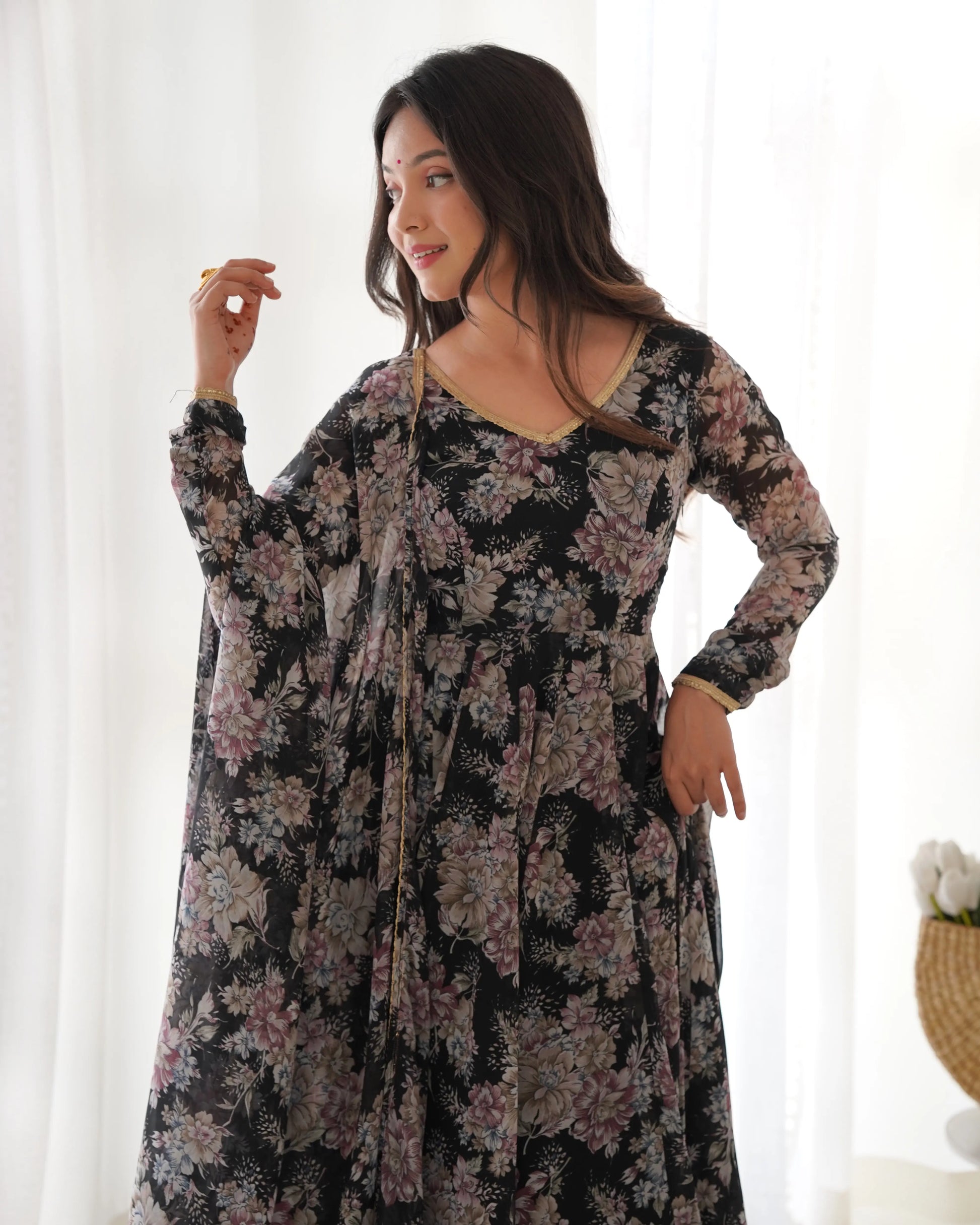 Fox Georgette Floral Anarkali Set with Fancy Lace Dupatta