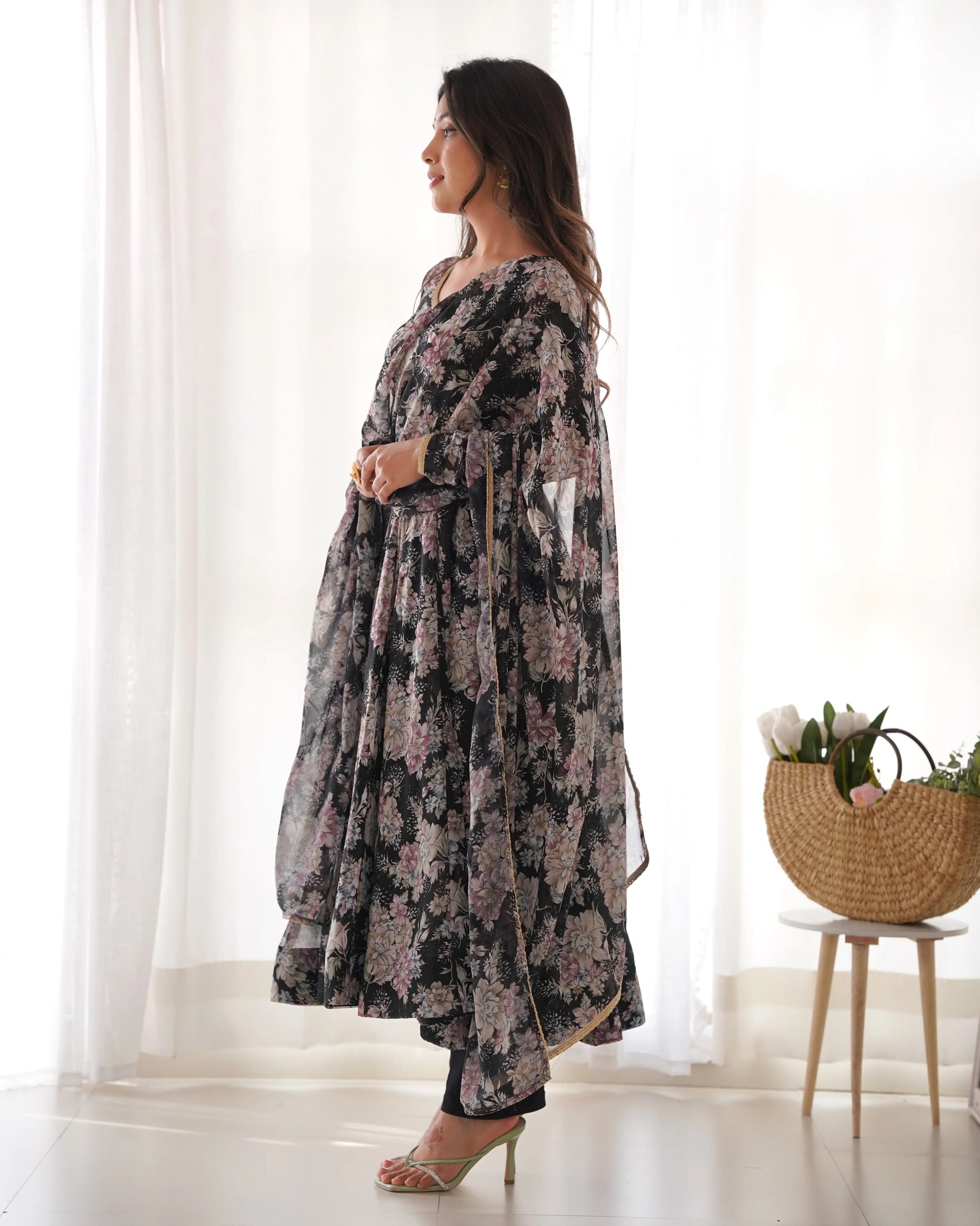 Fox Georgette Floral Anarkali Set with Fancy Lace Dupatta