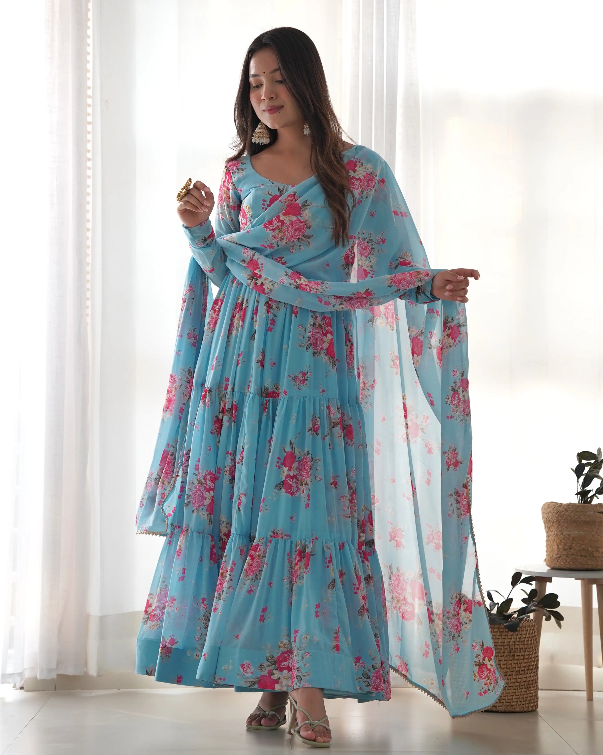 Fox Georgette Floral Anarkali Set with Three-Layer Flair and Lace Dupatta
