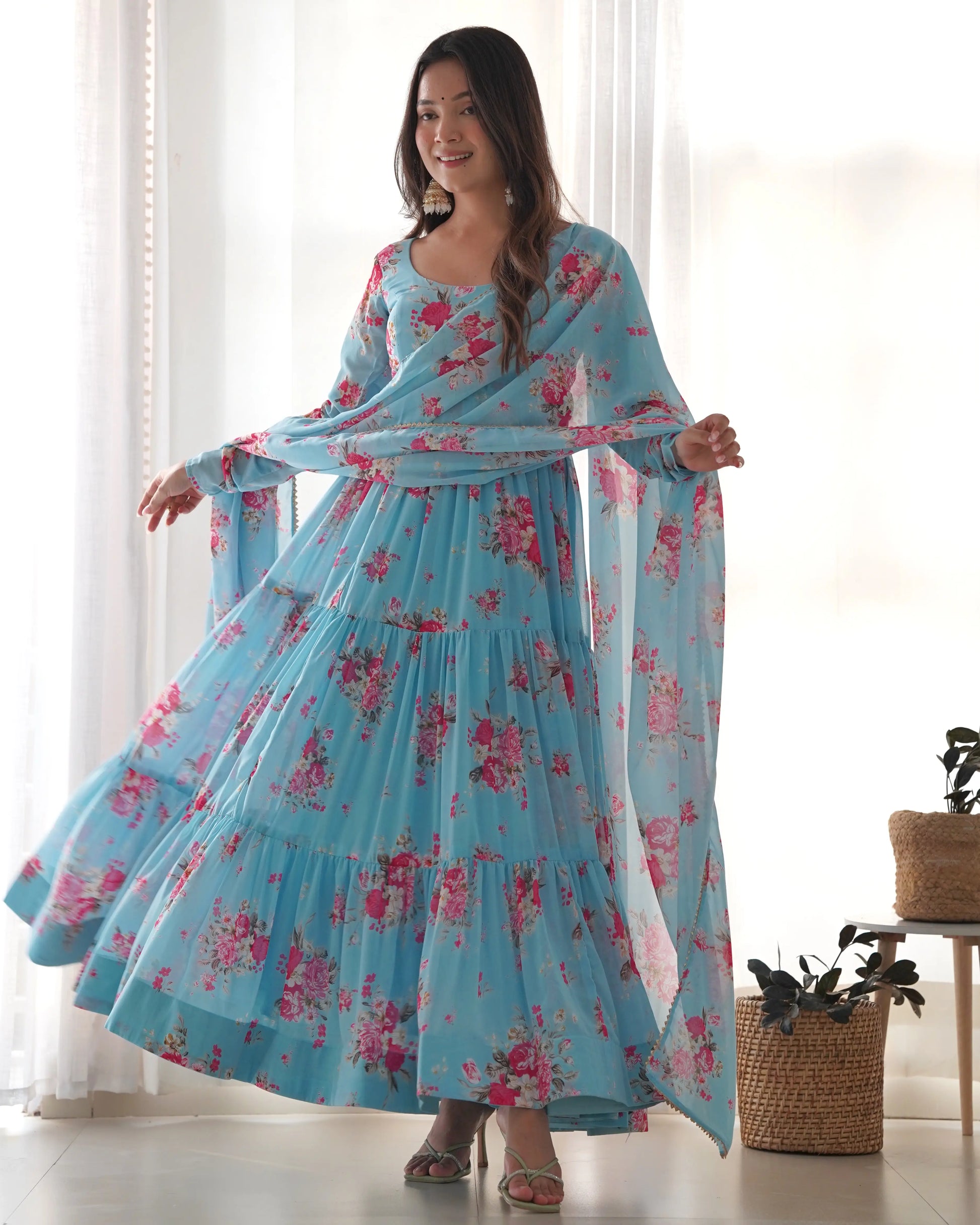 Fox Georgette Floral Anarkali Set with Three-Layer Flair and Lace Dupatta