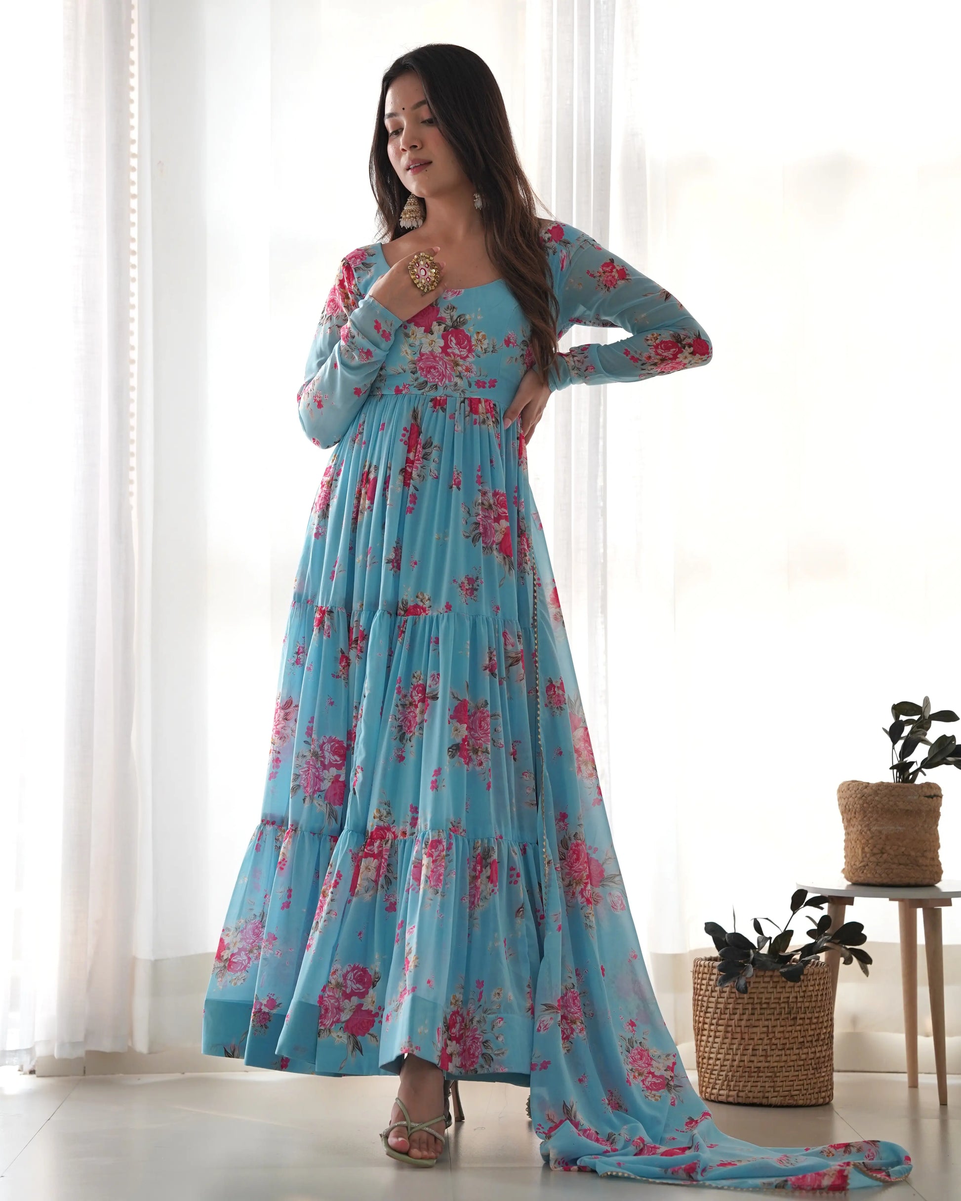 Fox Georgette Floral Anarkali Set with Three-Layer Flair and Lace Dupatta