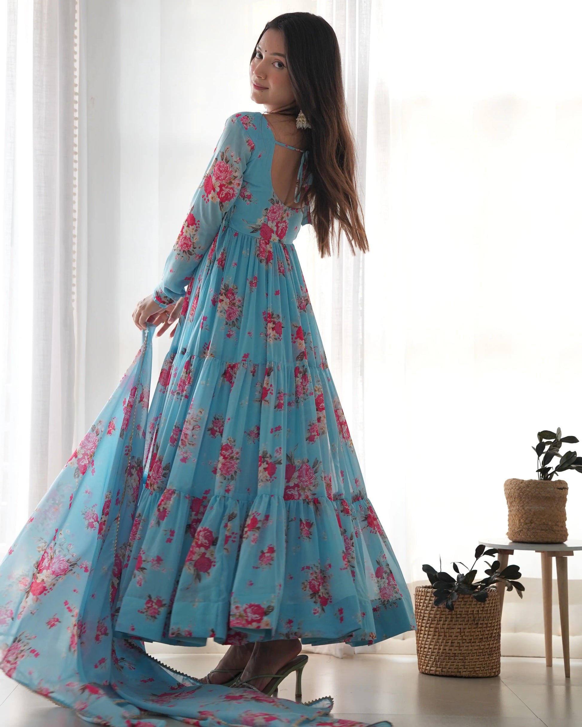 Fox Georgette Floral Anarkali Set with Three-Layer Flair and Lace Dupatta