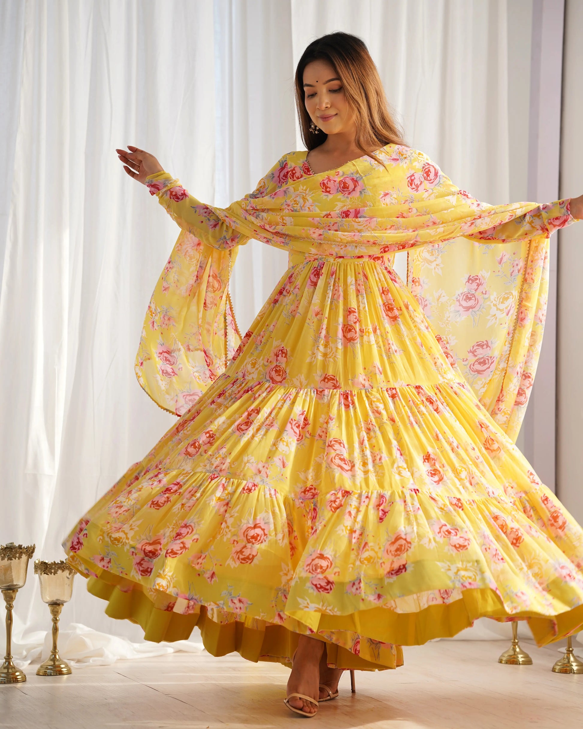 Fox Georgette Floral Anarkali Set with Three-Layer Flair and Lace Dupatta