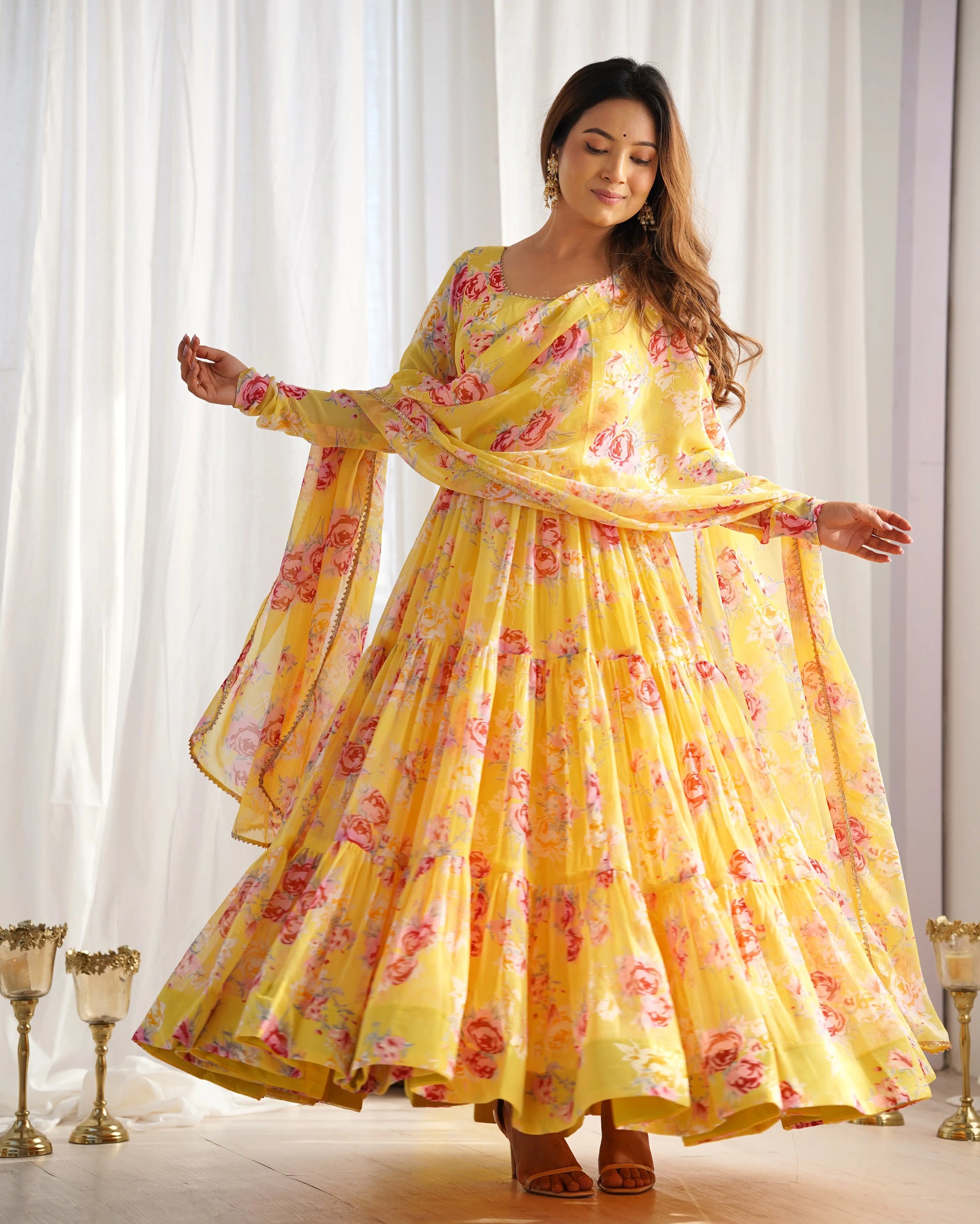 Fox Georgette Floral Anarkali Set with Three-Layer Flair and Lace Dupatta