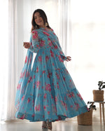 Fox Georgette Floral Anarkali Set with Three-Layer Flair and Lace Dupatta