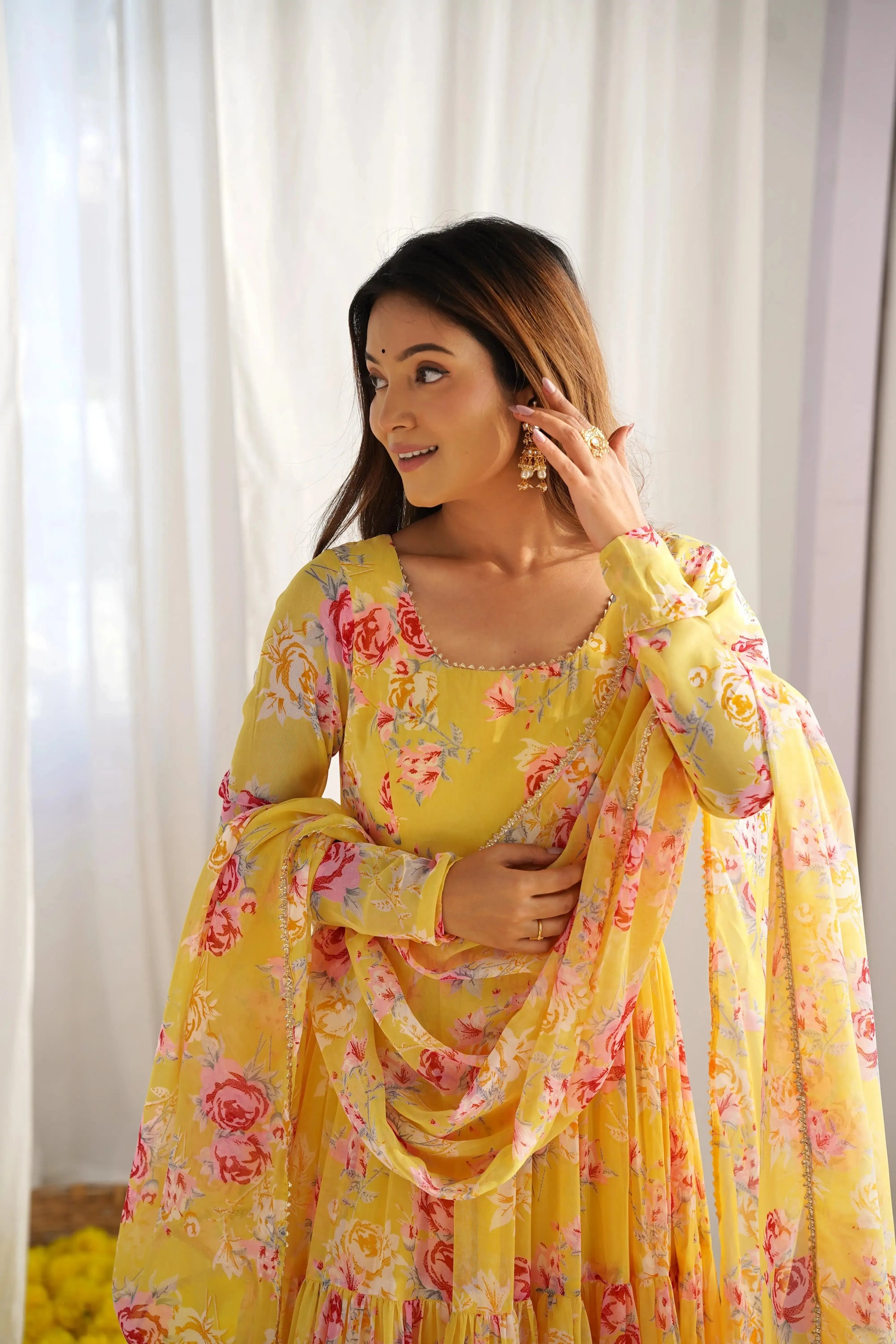 Fox Georgette Floral Print Anarkali Set with Dupatta & Pant – Layered Flair Design