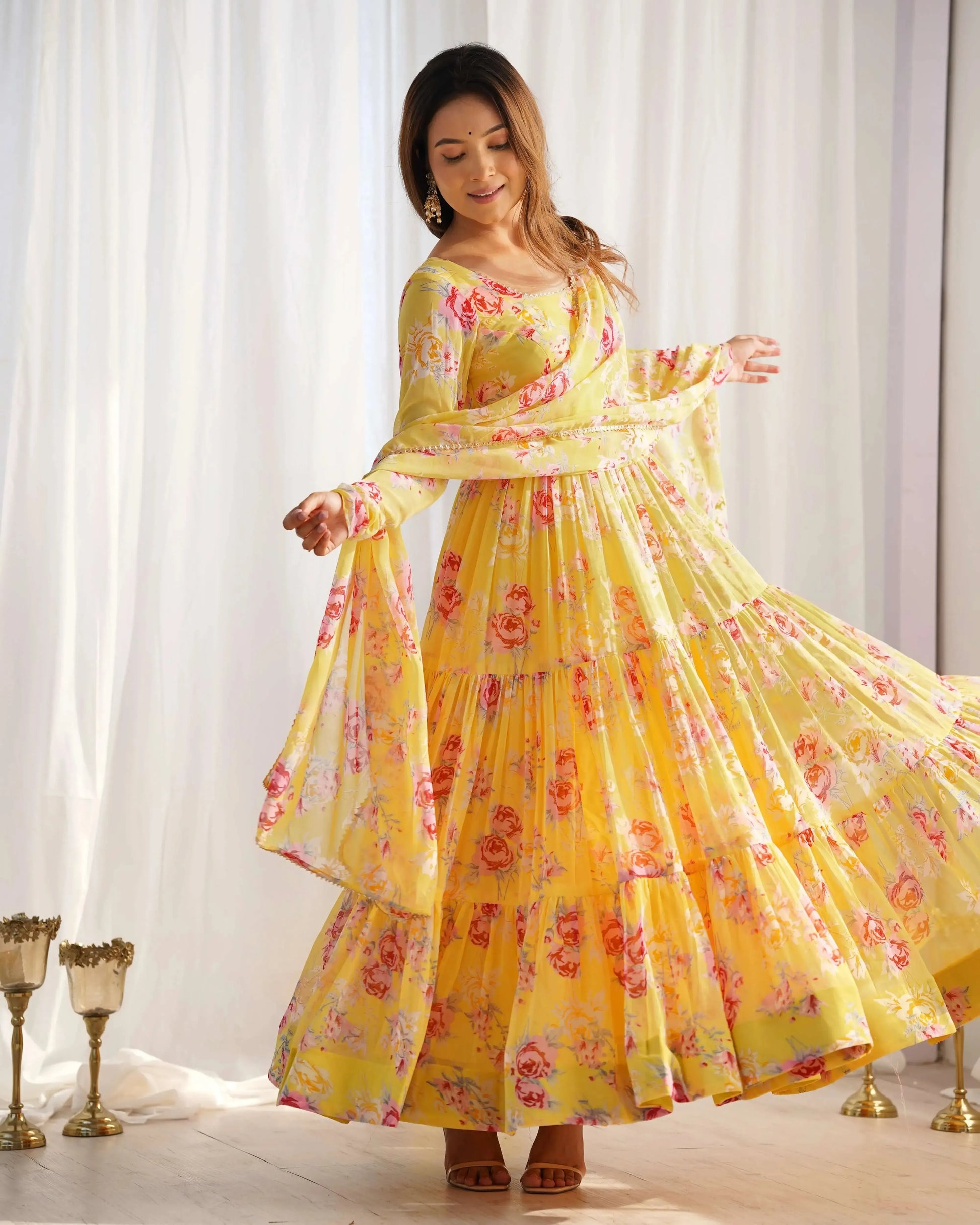 Fox Georgette Floral Print Anarkali Set with Dupatta & Pant – Layered Flair Design