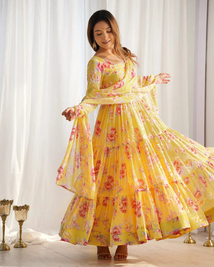 Fox Georgette Floral Print Anarkali Set with Dupatta & Pant – Layered Flair Design