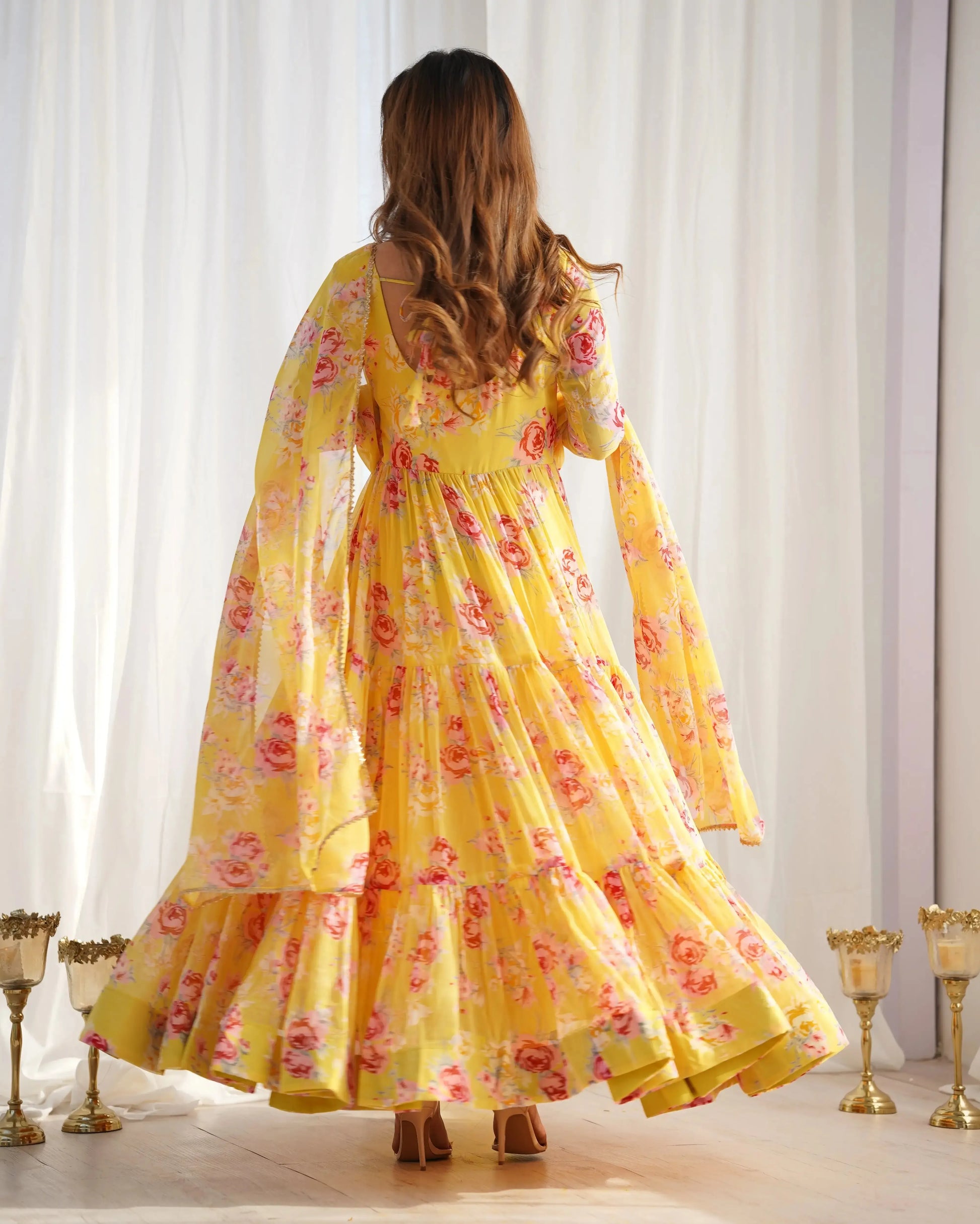 Fox Georgette Floral Print Anarkali Set with Dupatta & Pant – Layered Flair Design