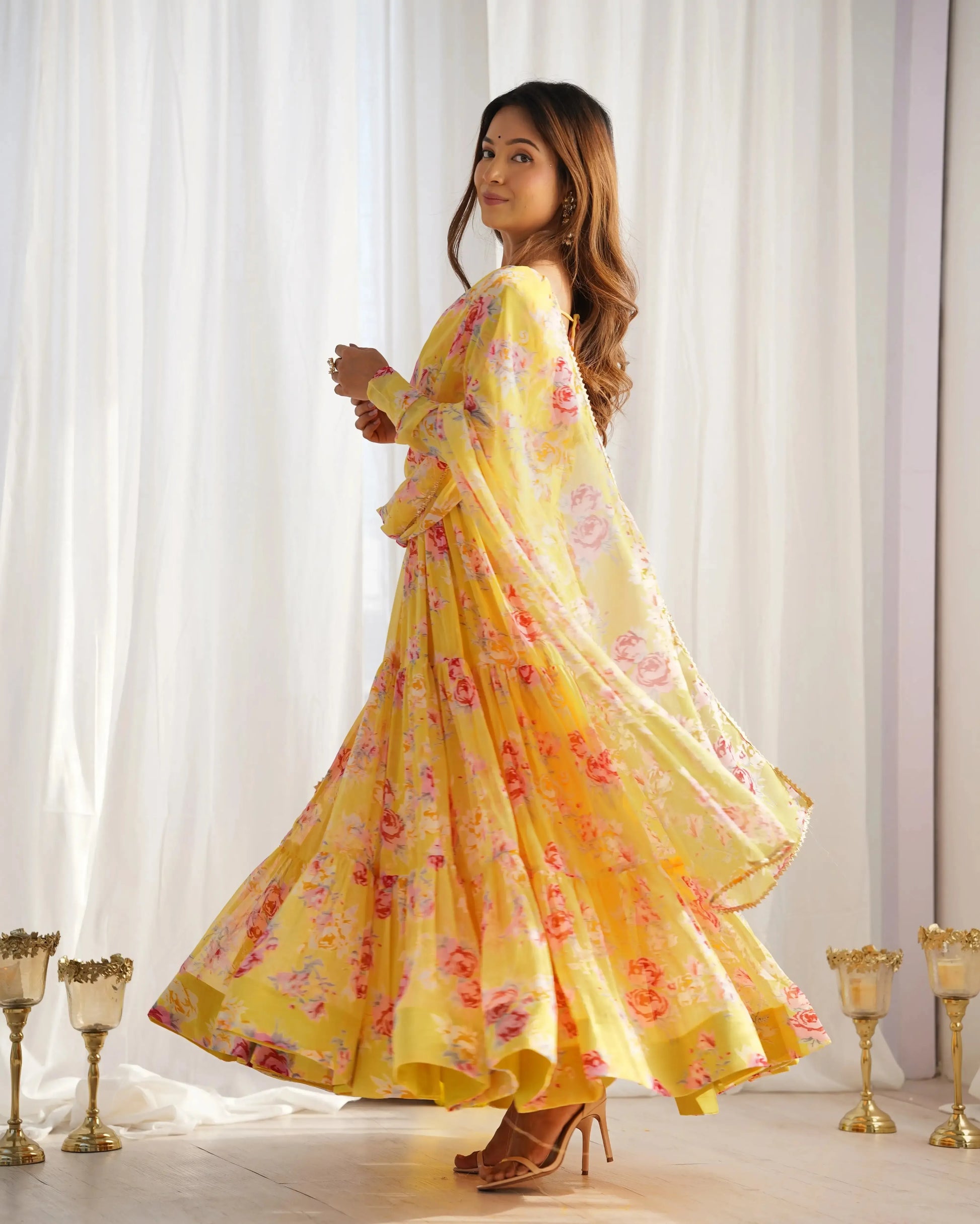 Fox Georgette Floral Print Anarkali Set with Dupatta & Pant – Layered Flair Design