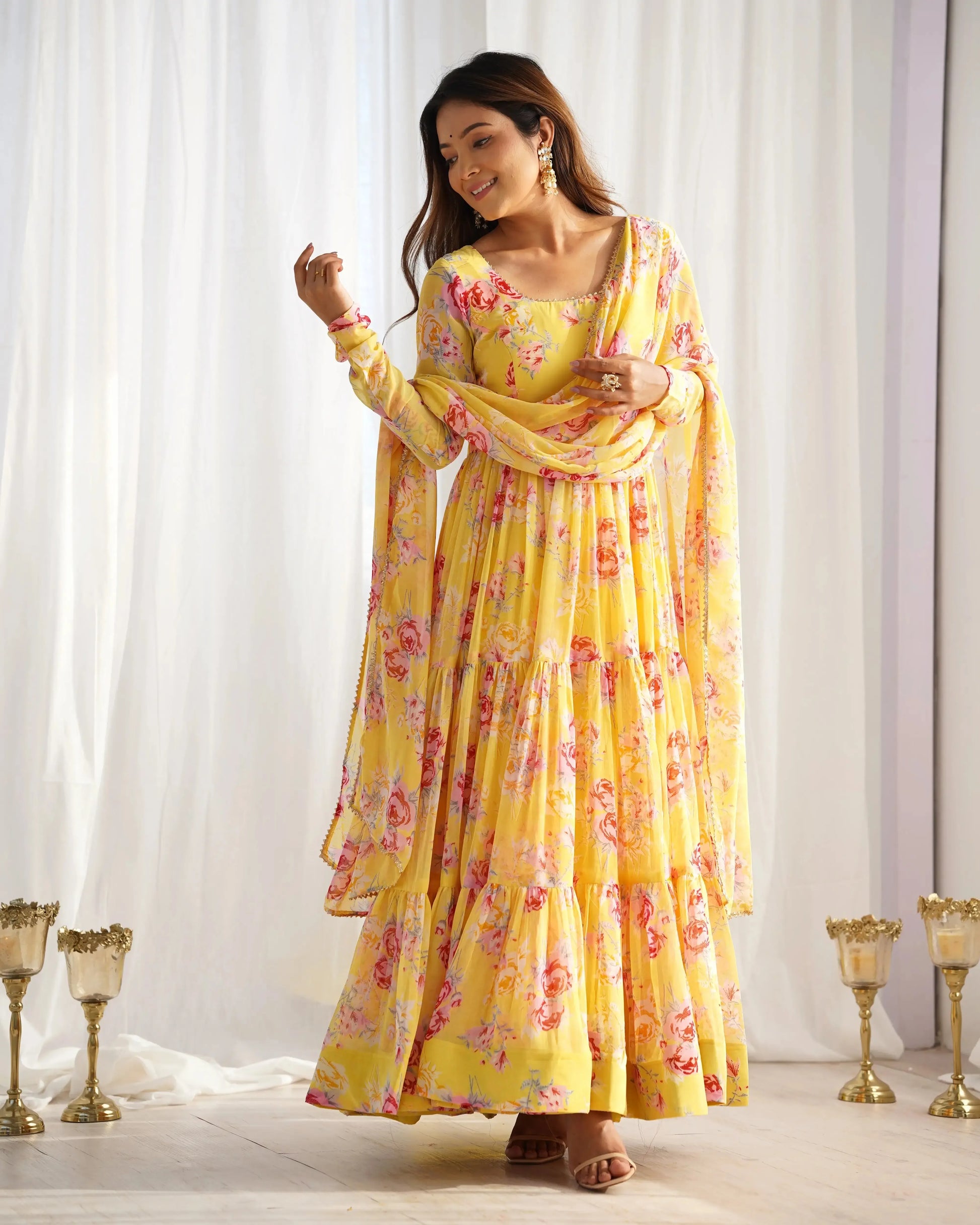 Fox Georgette Floral Print Anarkali Set with Dupatta & Pant – Layered Flair Design