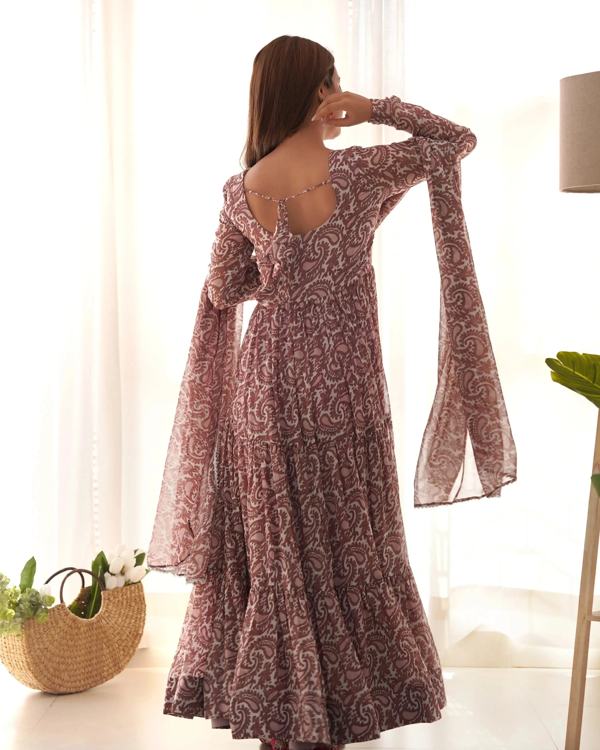 Fox Georgette Floral Print Anarkali Set with Dupatta & Pant – Layered Flair Design