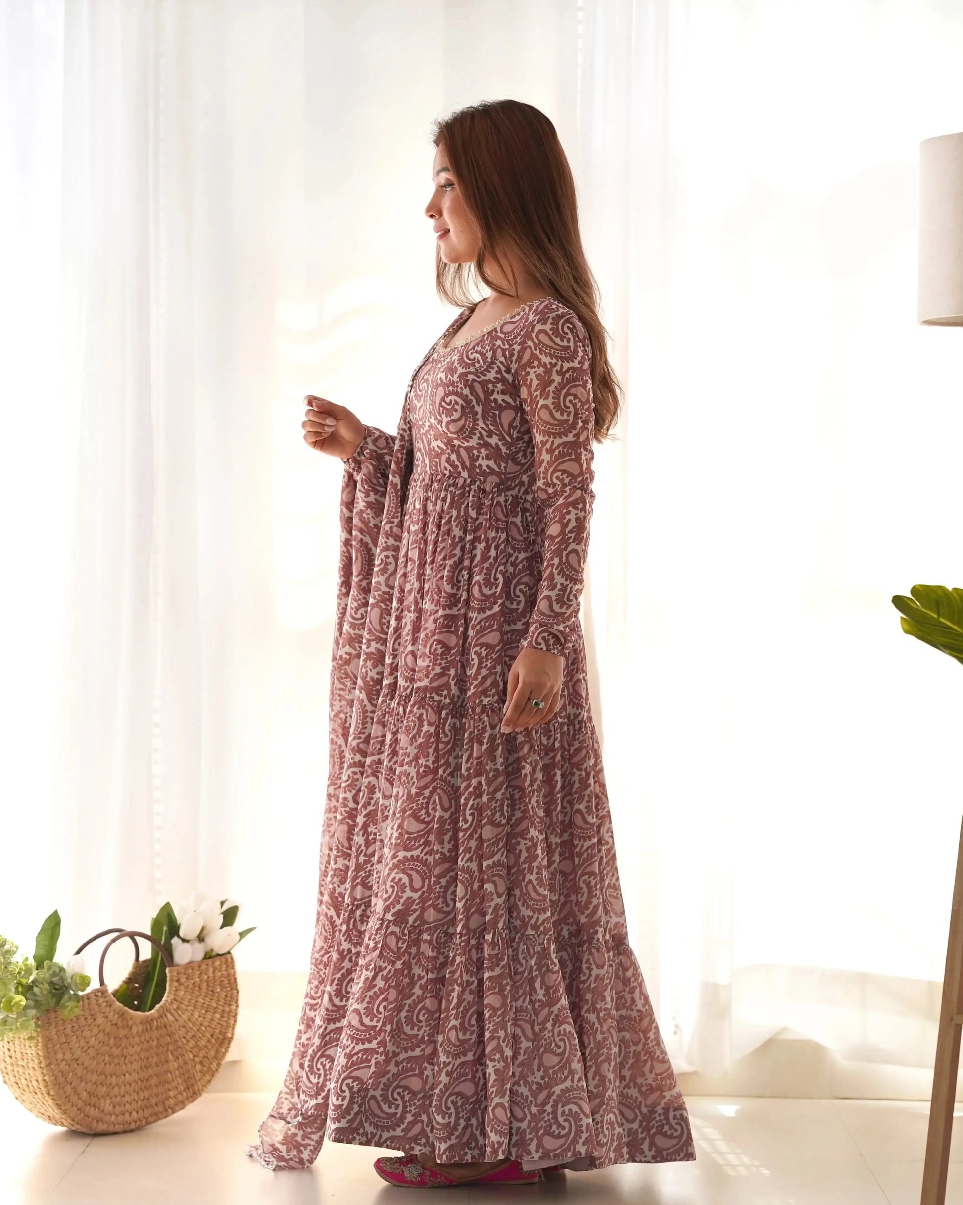 Fox Georgette Floral Print Anarkali Set with Dupatta & Pant – Layered Flair Design