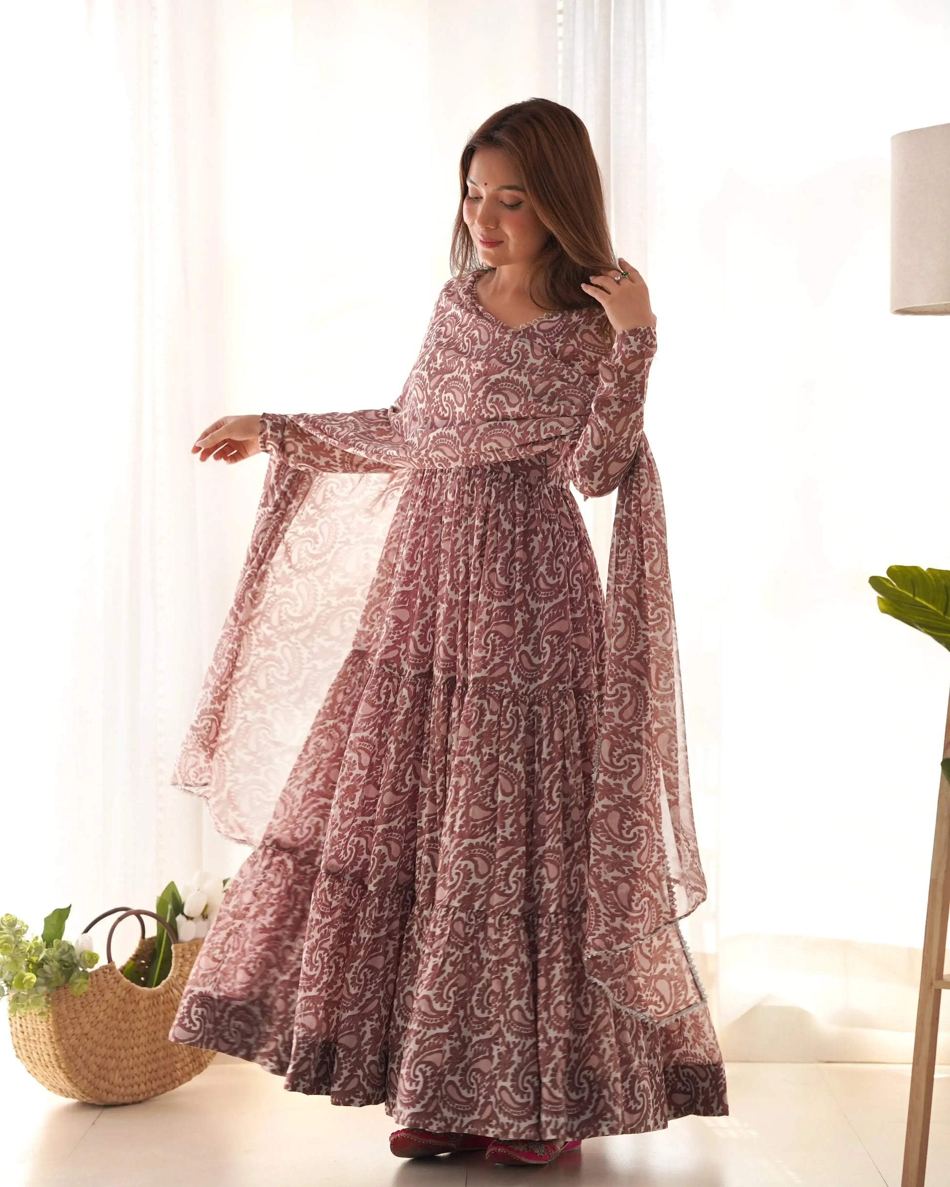 Fox Georgette Floral Print Anarkali Set with Dupatta & Pant – Layered Flair Design