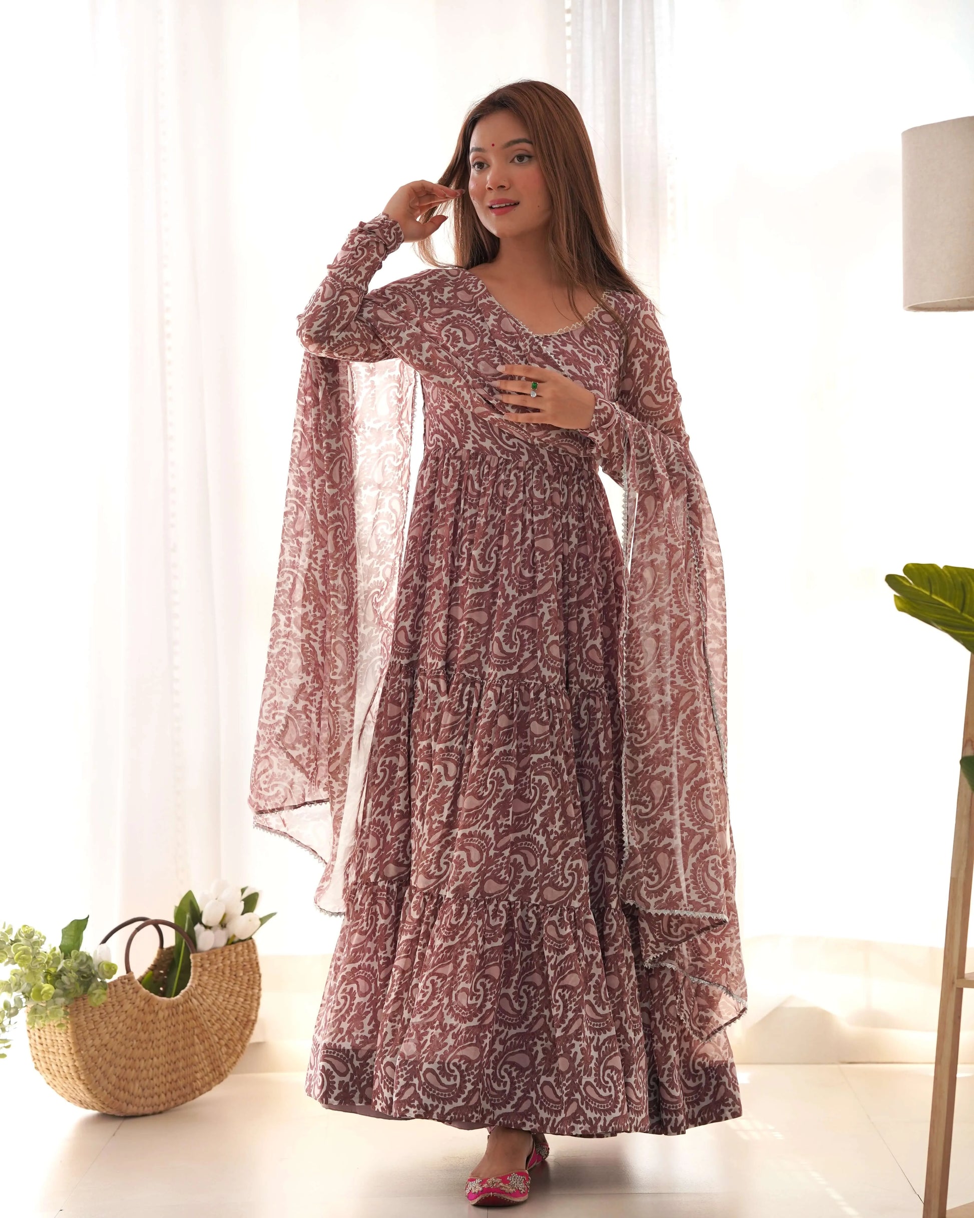 Fox Georgette Floral Print Anarkali Set with Dupatta & Pant – Layered Flair Design