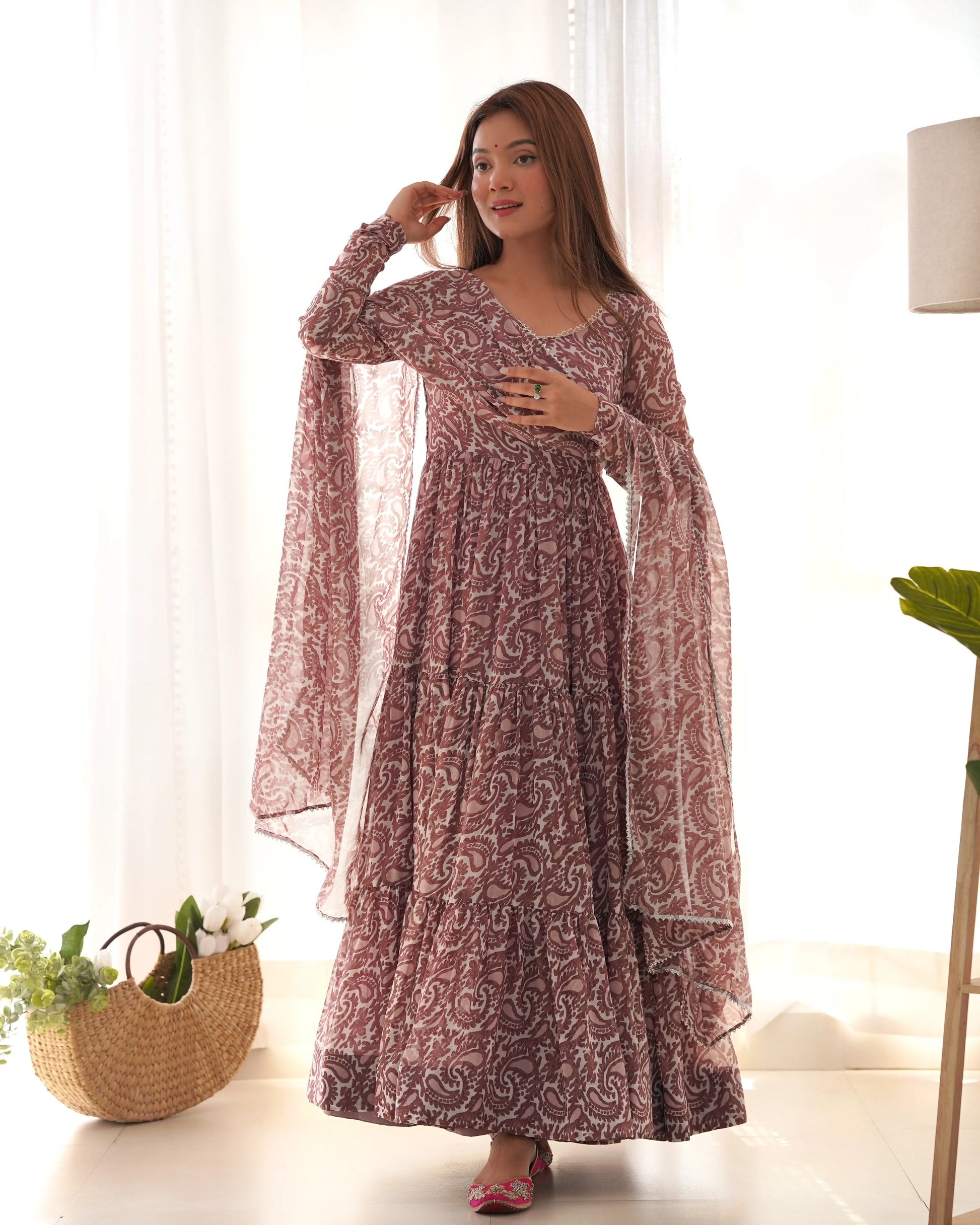 Fox Georgette Floral Print Anarkali Set with Dupatta & Pant – Layered Flair Design