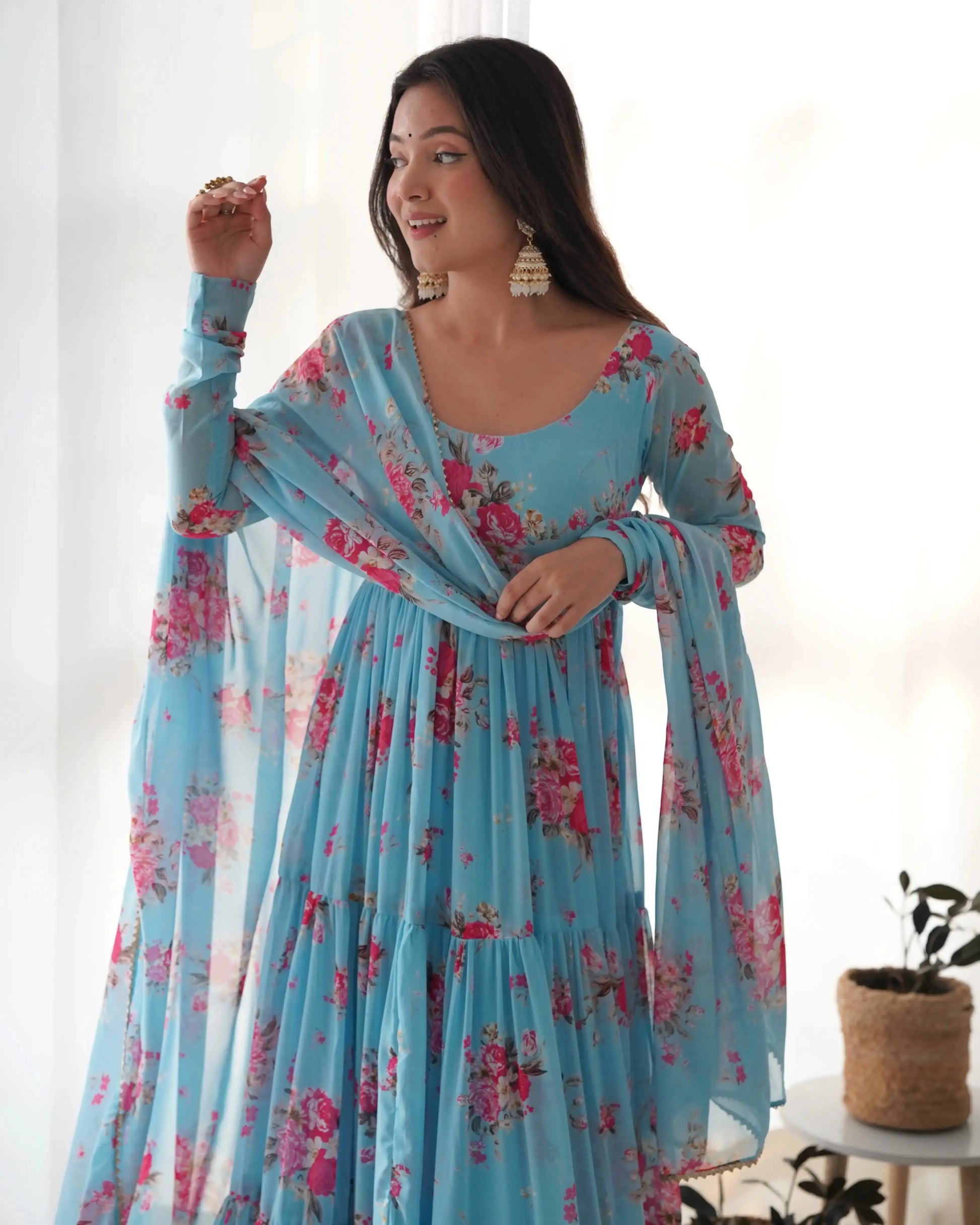 Fox Georgette Floral Print Anarkali Set with Dupatta & Pant – Layered Flair Design