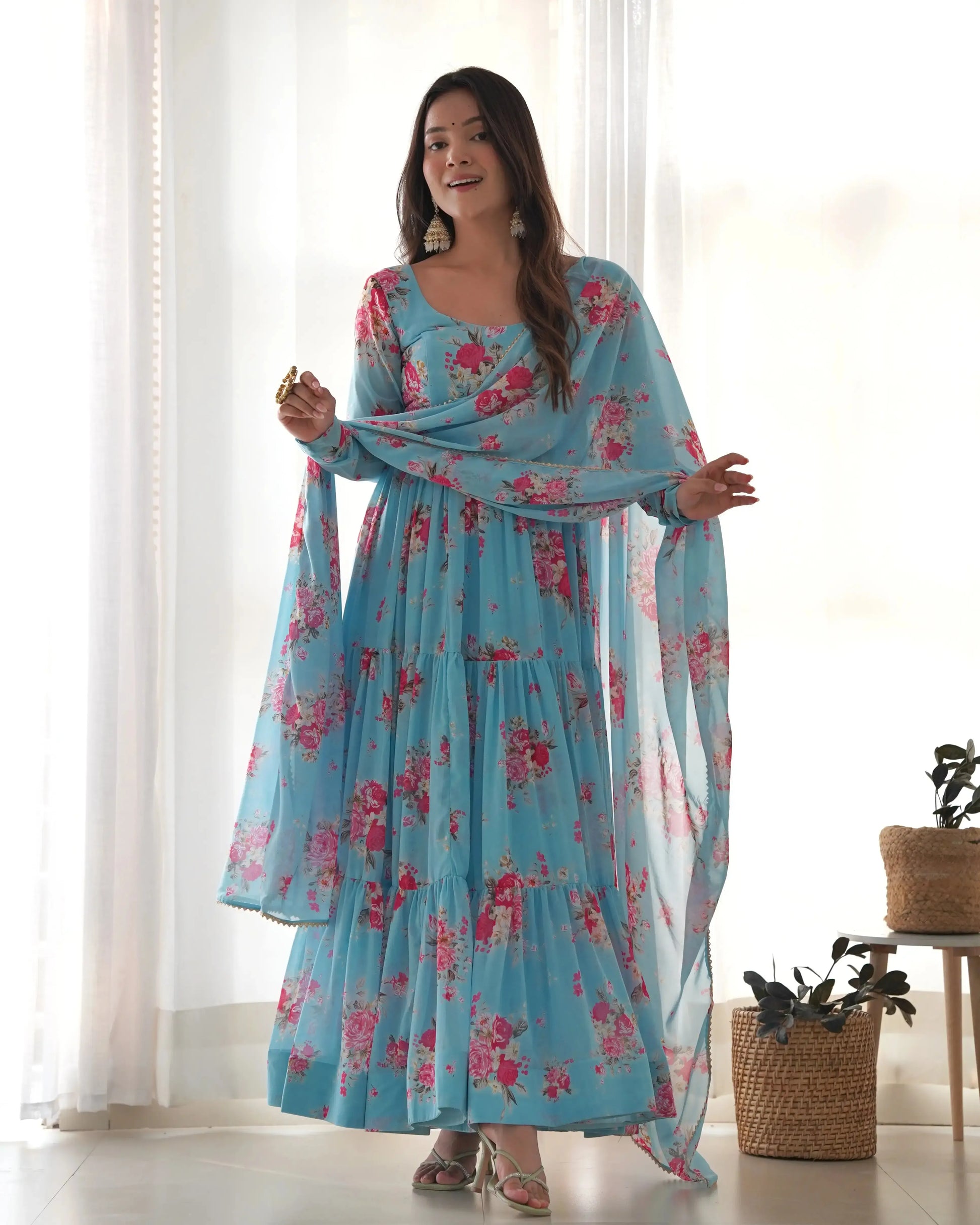 Fox Georgette Floral Print Anarkali Set with Dupatta & Pant – Layered Flair Design