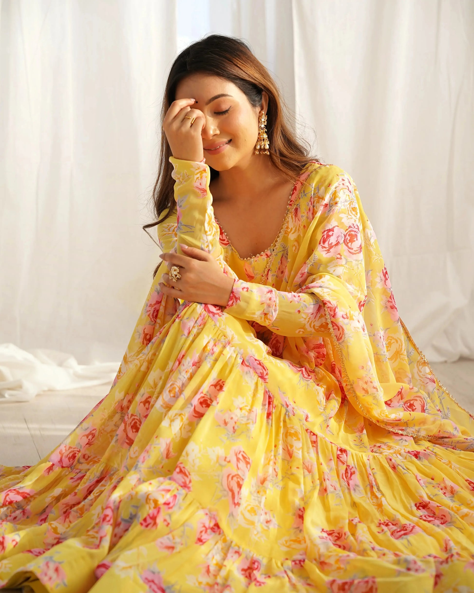Fox Georgette Floral Print Anarkali Set with Dupatta & Pant – Layered Flair Design